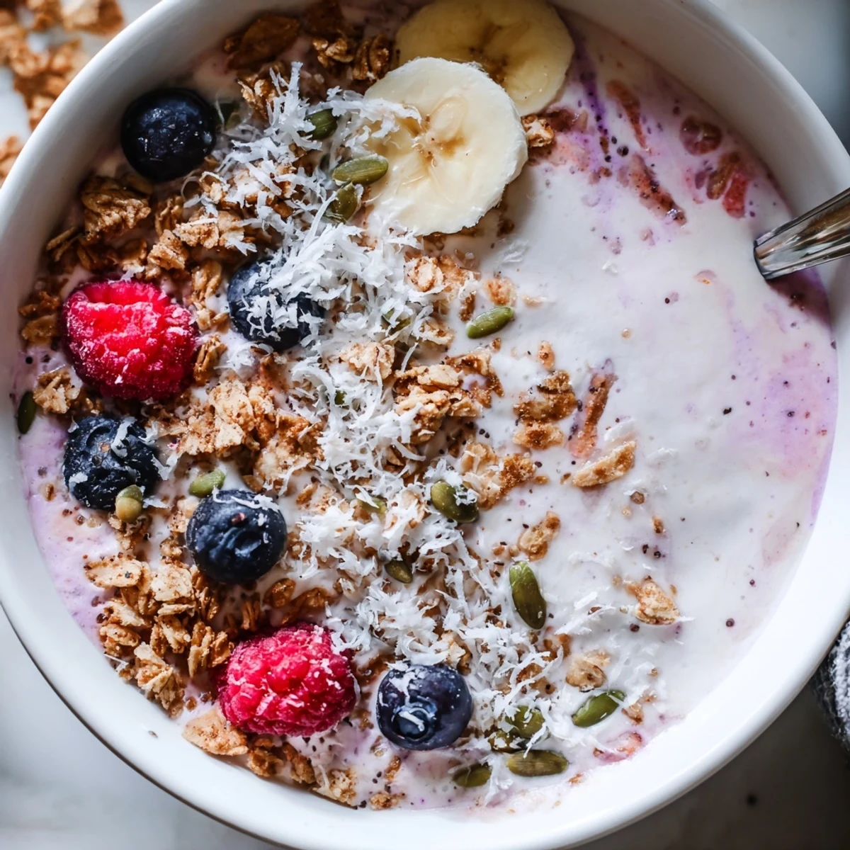 Gesunder Winter Berry Smoothie Bowl mit Chia Samen, angerichtet in einer Schale mit zusätzlichem Obst und Saatgut.