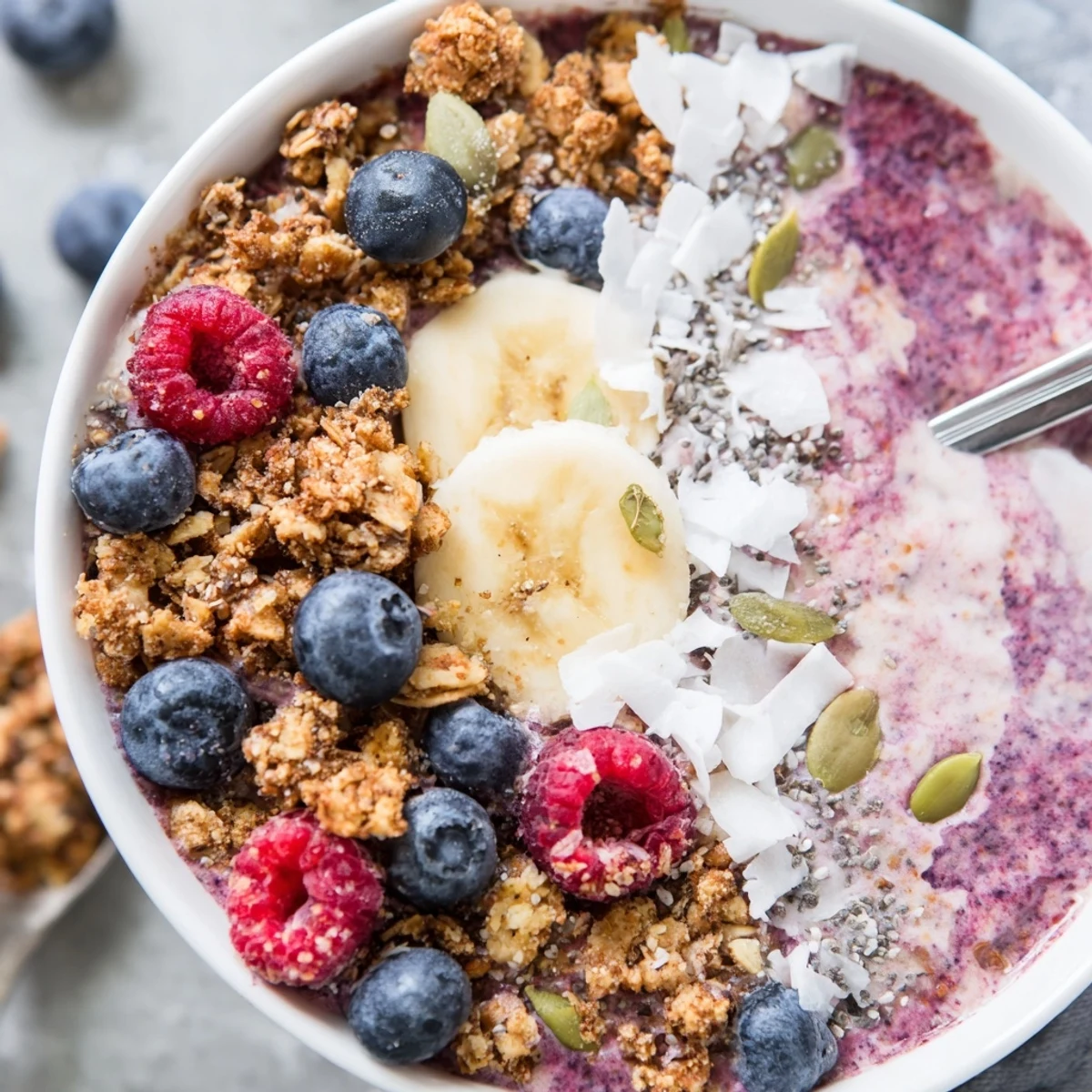 Ein leckerer Winter Berry Smoothie Bowl mit Chia Samen, belegt mit knusprigem Granola, Kokosraspeln und Kürbiskernen.