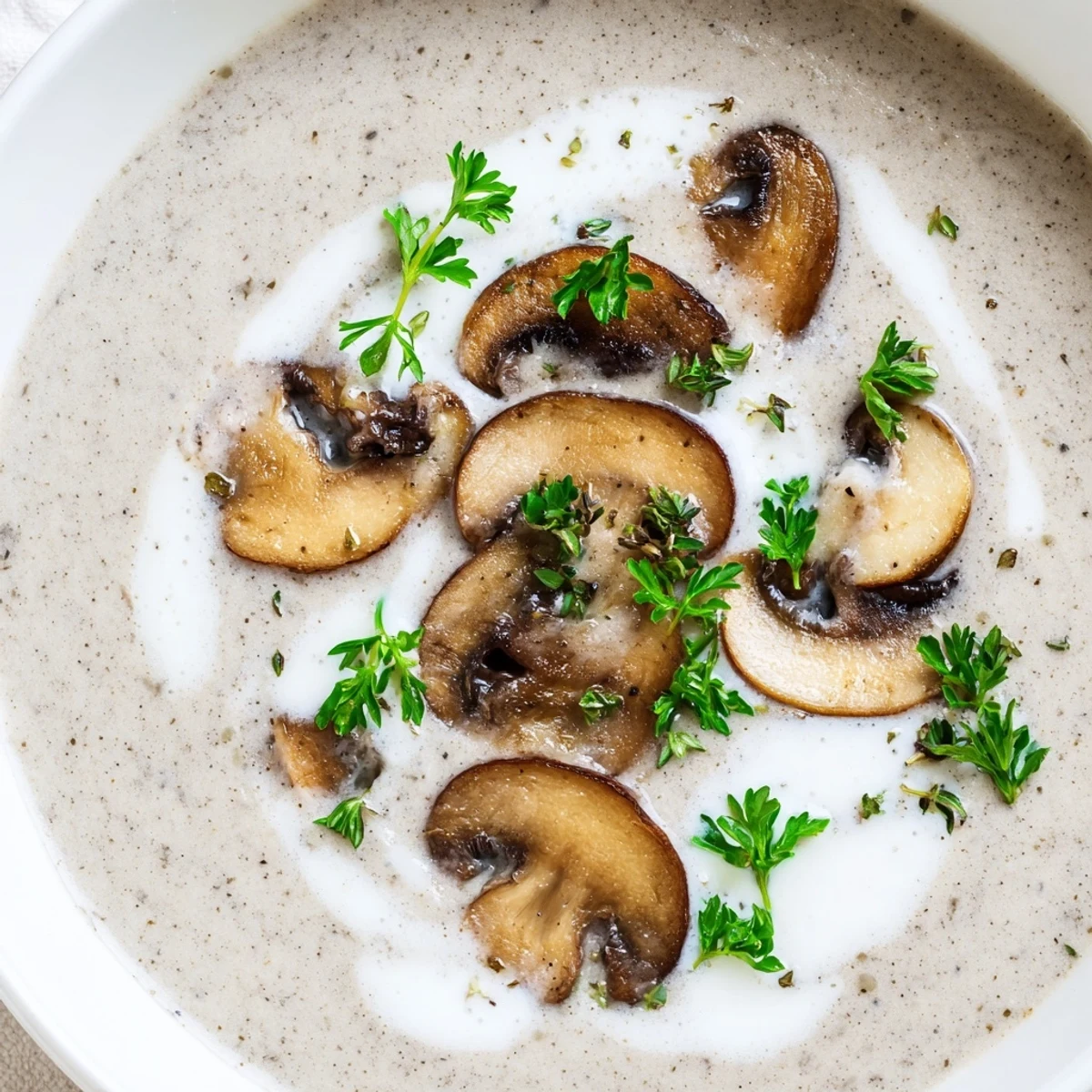 Creamy Mushroom Soup with Fresh Thyme in a rustic bowl, garnished with thyme and cracked pepper, served with crusty bread.