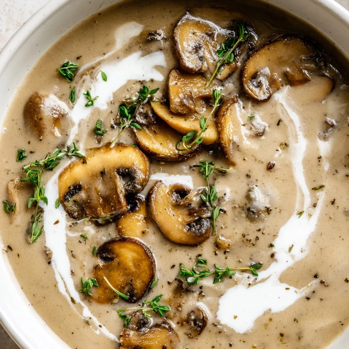 A ladle dipping into creamy mushroom soup with fresh thyme, showing velvety texture in a cozy kitchen setting.