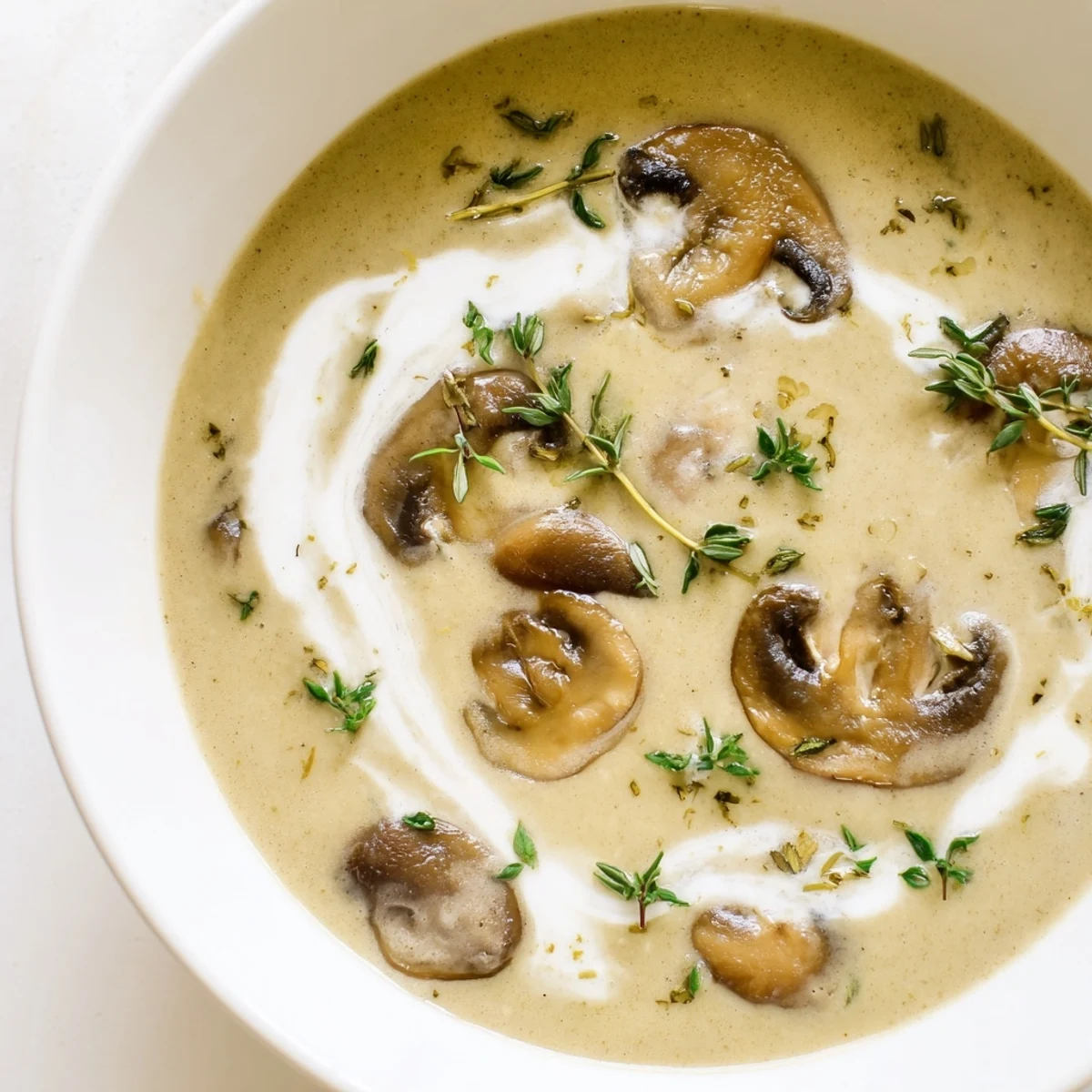 Steaming bowl of creamy mushroom soup with fresh thyme, mushrooms and parsley garnish on a marble counter.