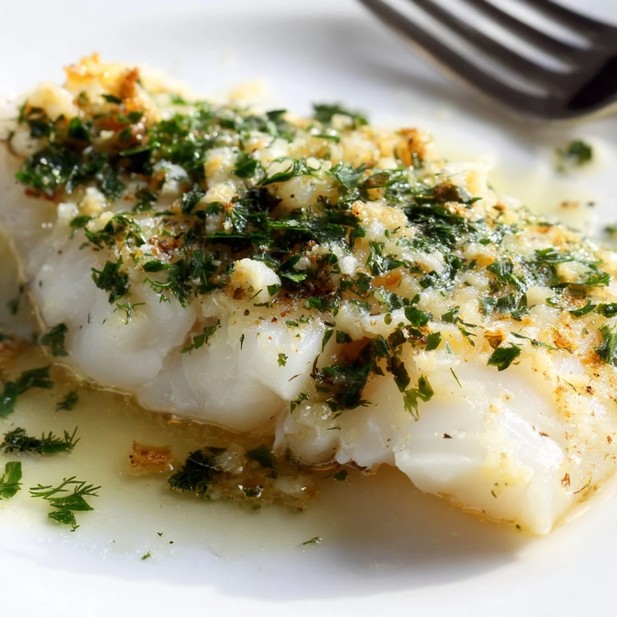 Flaky Baked Cod with Garlic Butter and Fresh Herbs plated on a white dish with roasted vegetables and a garnish of fresh parsley and lemon wedges