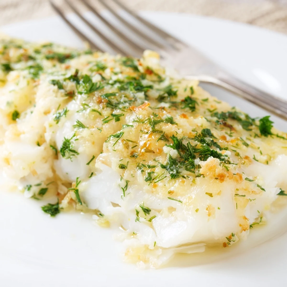 Savory Baked Cod with Garlic Butter and Fresh Herbs topped with minced garlic and chopped herbs resting in a baking dish ready to serve