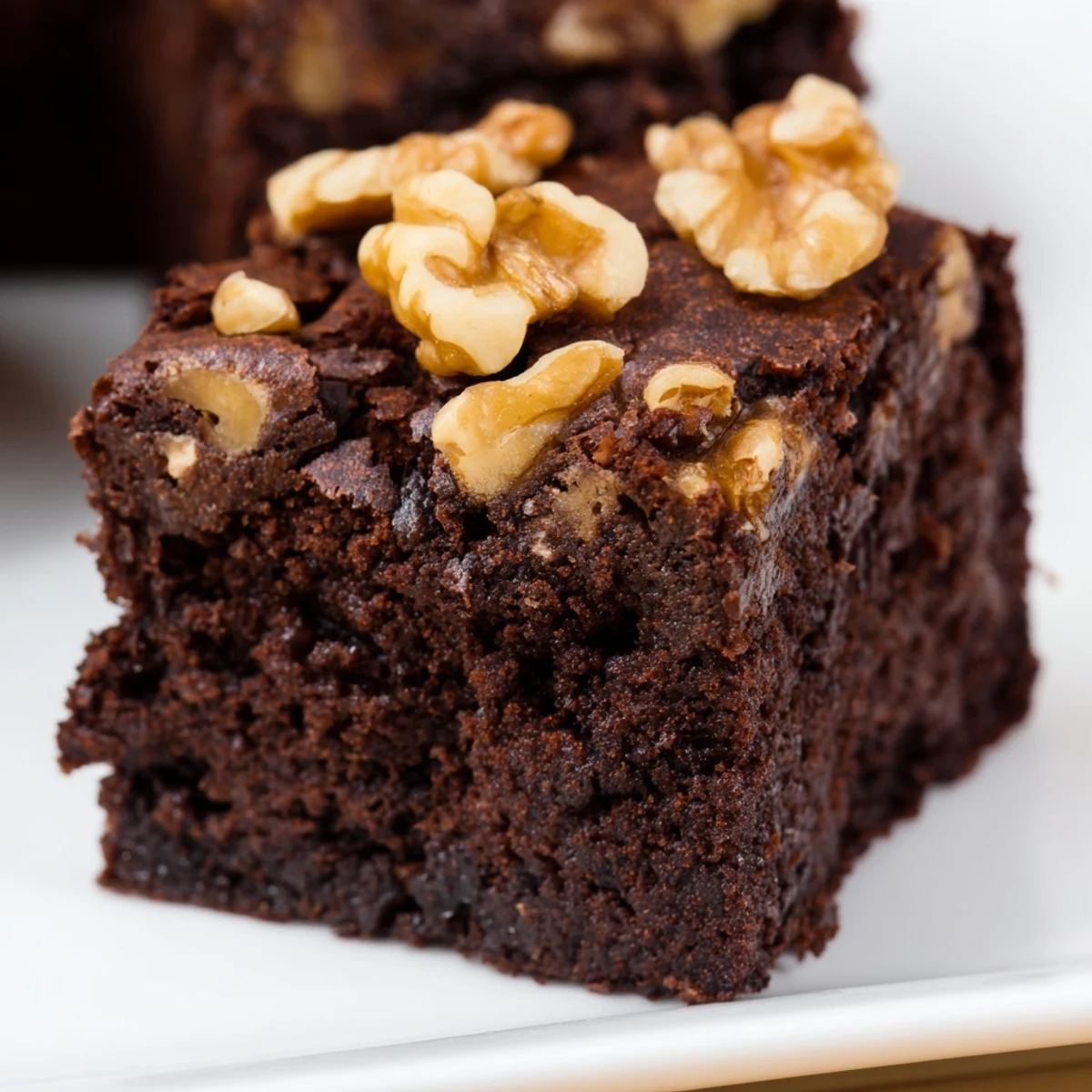 A close-up of warm Chocolate Fudge Brownies with Chopped Walnuts showing gooey texture on a white plate.