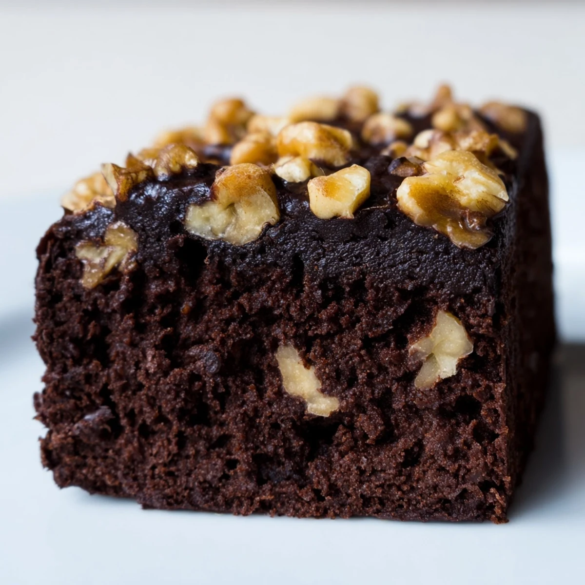 Freshly baked Chocolate Fudge Brownies with Chopped Walnuts served in a square pan with a glass of milk.