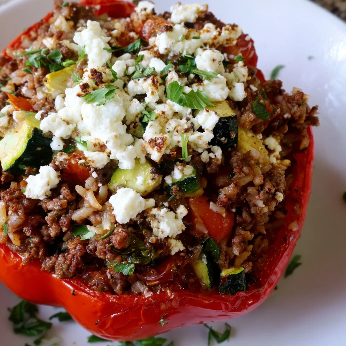 Rote und gelbe gefüllte Paprika mit Hackfleisch, Reis und Feta überbacken auf einem Teller.
