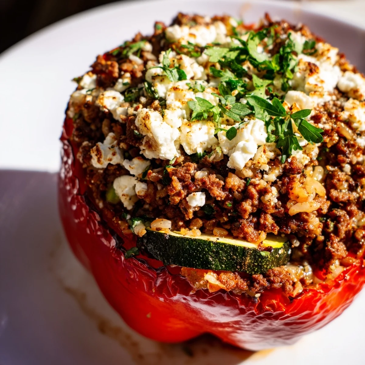Gefüllte Paprika mit Hackfleisch und Kräutern aus dem Ofen, mit Zitronen und frischer Petersilie garniert.