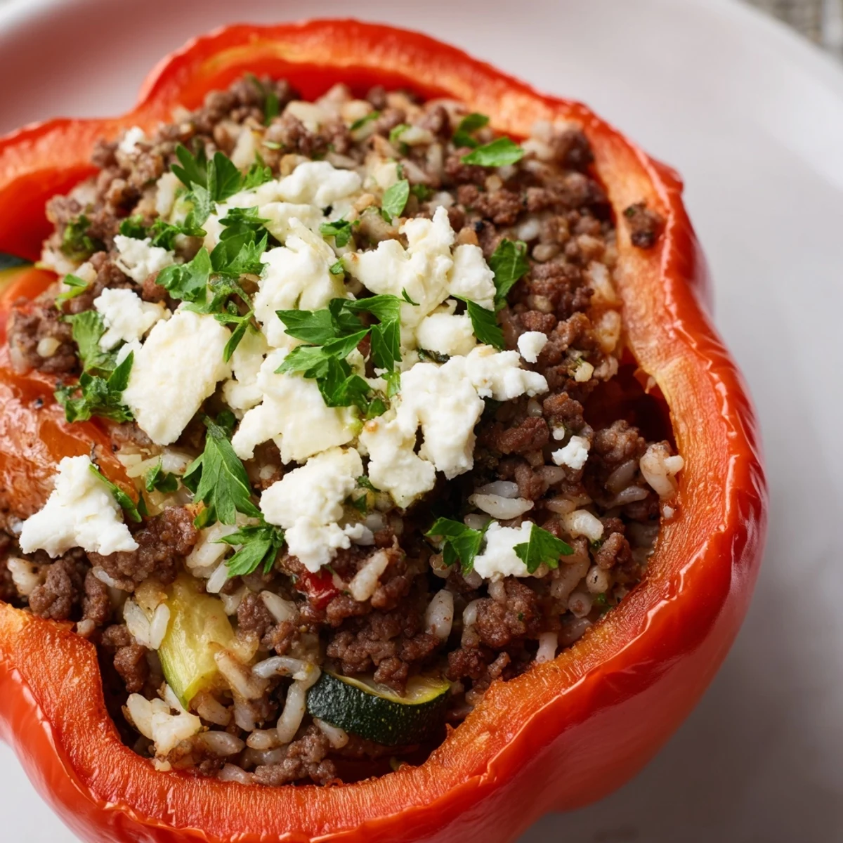 Saftige mediterrane Hackfleisch-Paprika mit Reis und Feta, serviert mit einem Löffel Joghurt Sauce.
