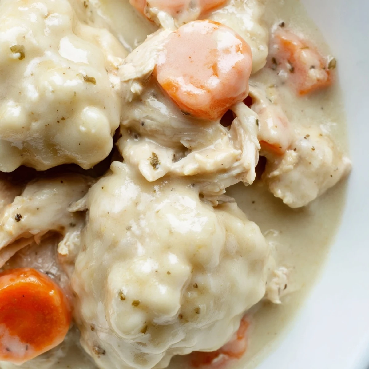 Slow Cooker Chicken and Dumplings with Carrots simmering in a creamy sauce, tender chicken and fluffy dumplings ready to serve.