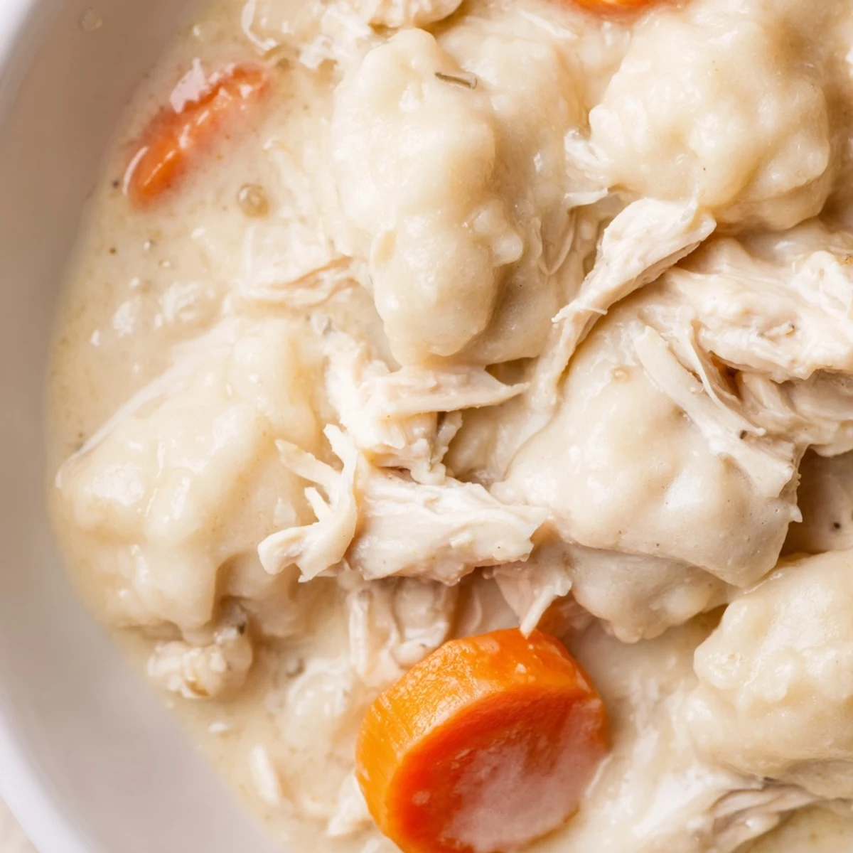 Glistening Slow Cooker Chicken and Dumplings with Carrots ladled into a rustic bowl, perfect for a cozy family dinner.