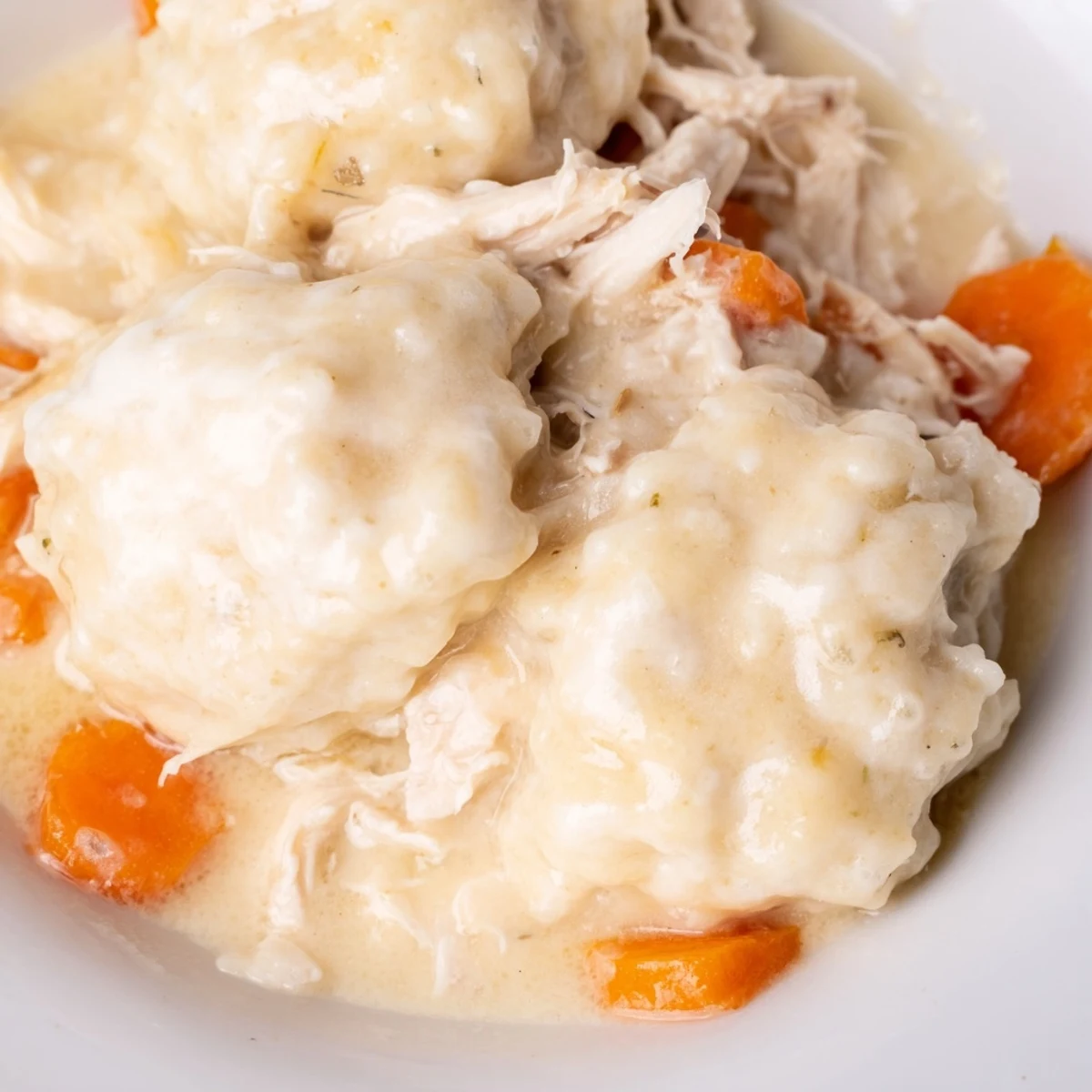 Steaming Slow Cooker Chicken and Dumplings with Carrots topped with fresh parsley, carrots and tender chicken in rich broth.