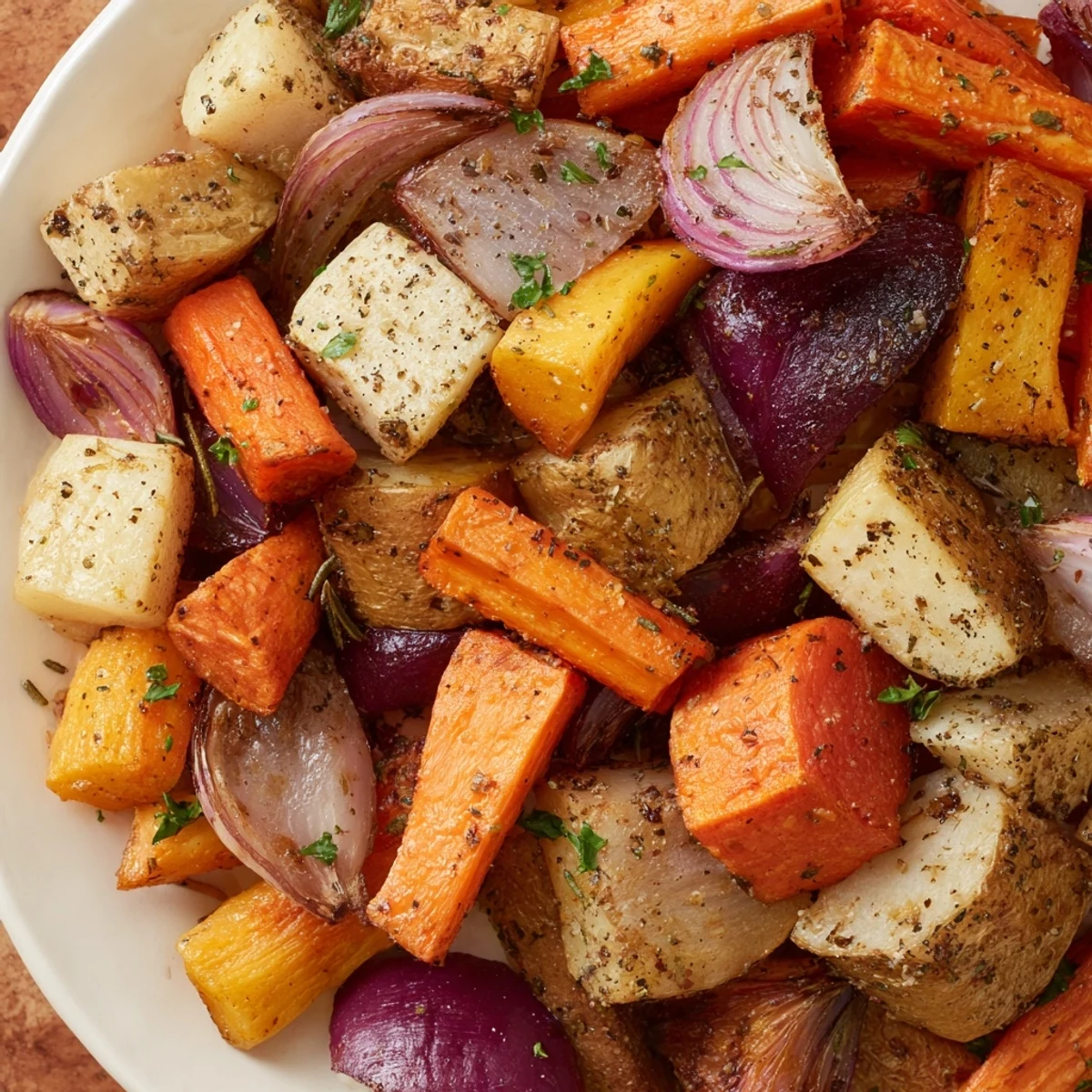Knusprig gebackene Wurzelgemüse mit getrocknetem Thymian und Rosmarin auf einem Holzteller
