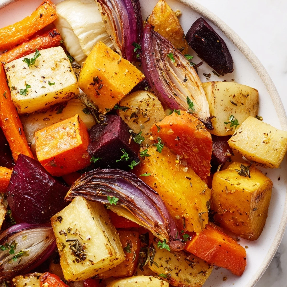 Goldbraun gebackene süße Kartoffeln und Zwiebeln mit Kräutern aus dem Ofen gerichtet