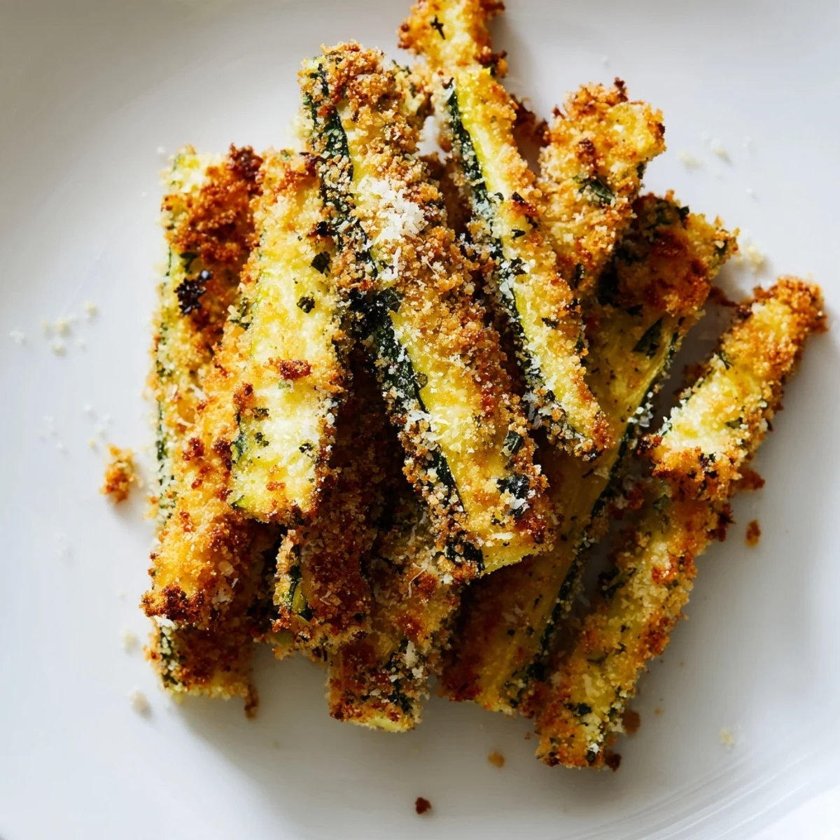 Golden Baked Parmesan Zucchini Fries on a baking sheet, brushed with olive oil and herbs.