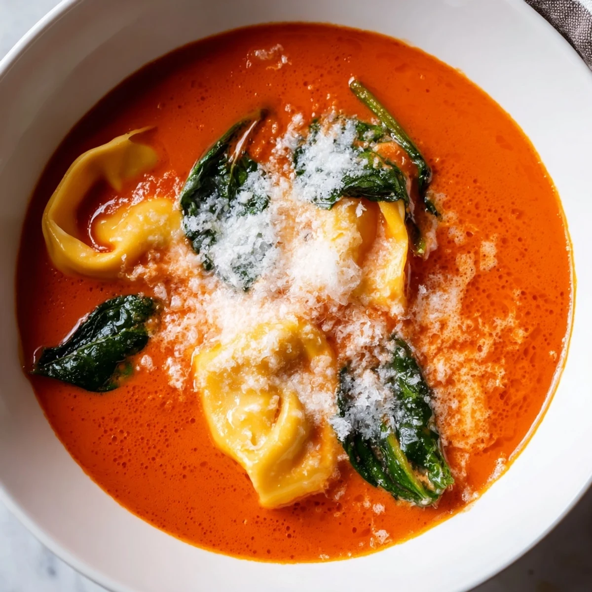 Cremige Tomatensuppe mit gefüllten Käsetortellini und Spinat, angerichtet mit frischem Parmesan und Kräutern.