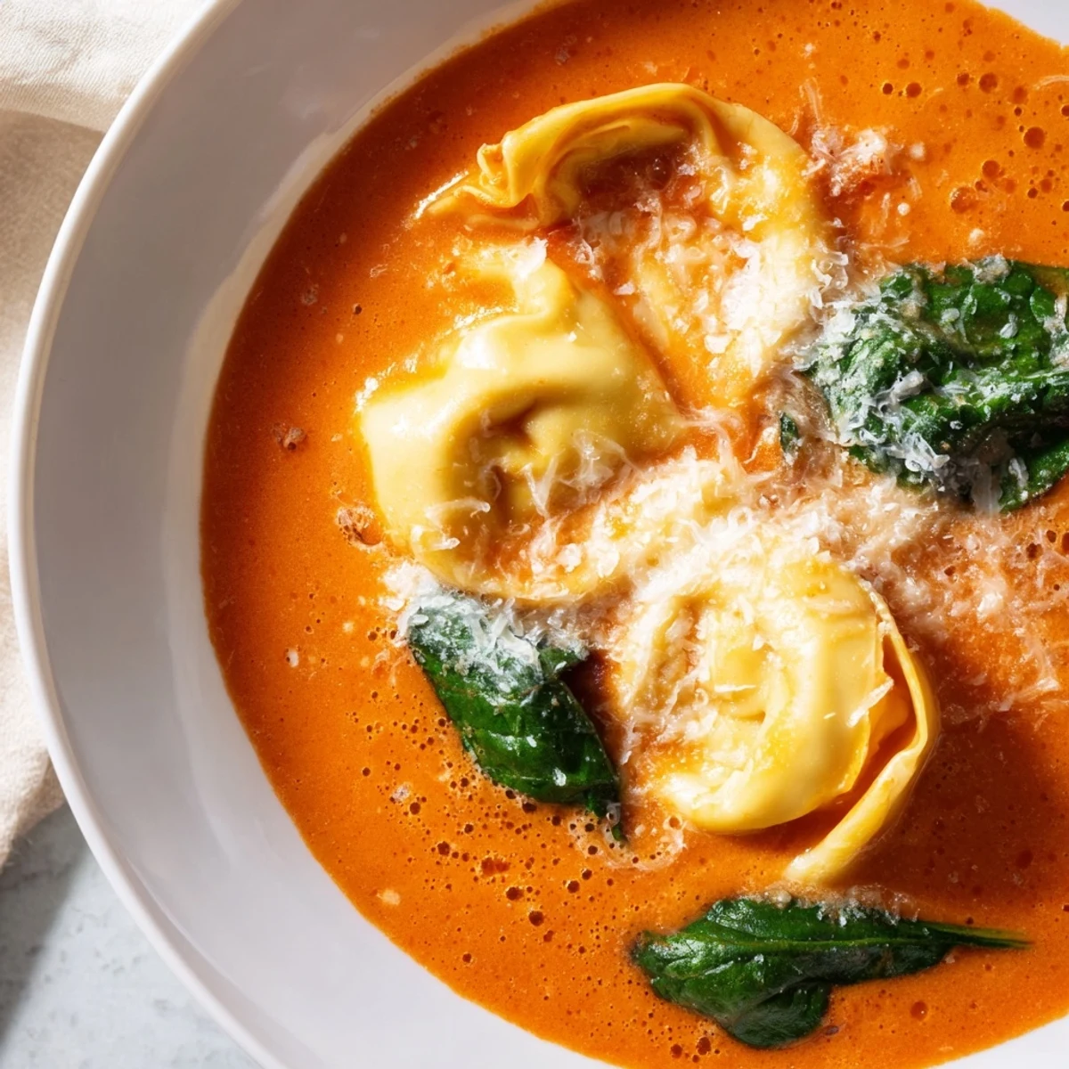 Gedünstete Käsetortellini in einer sämigen Tomatenbrühe mit dunkelgrünem Spinat und einem Schuss Sahne.