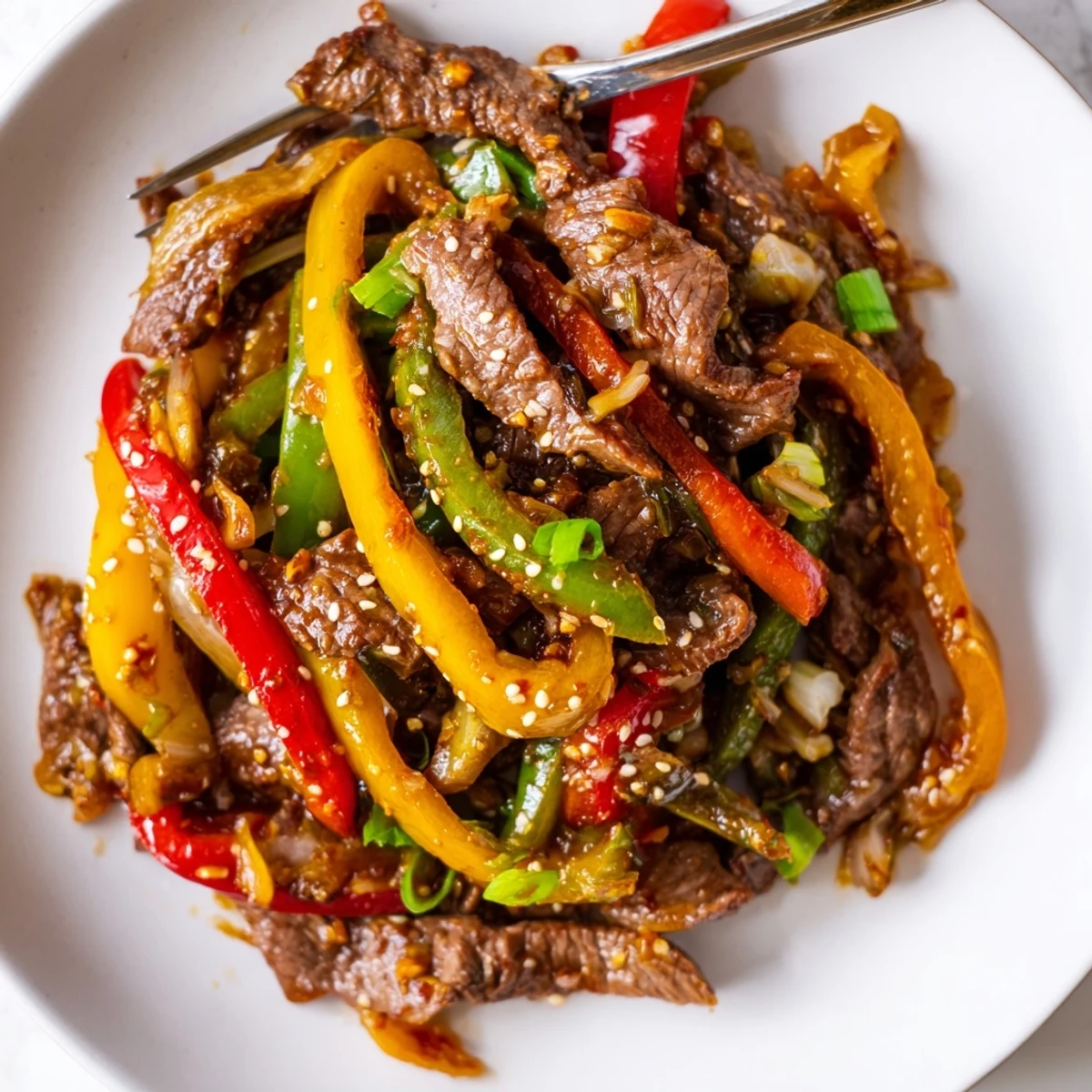 Rote und gelbe Paprikastreifen mit zartem Rindfleisch in einer scharfen Sauce, serviert über dampfendem Reis.