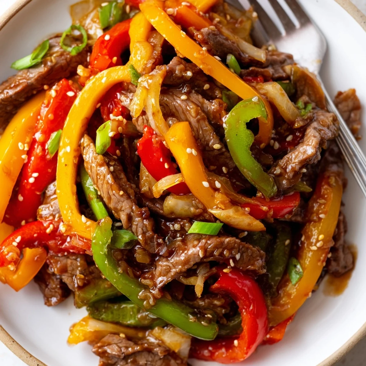 Scharfes Rindfleisch-Paprika-Pfannengericht im asiatischen Stil, schnell für ein Wochentagessen zubereitet, garniert mit frischen Frühlingszwiebeln.