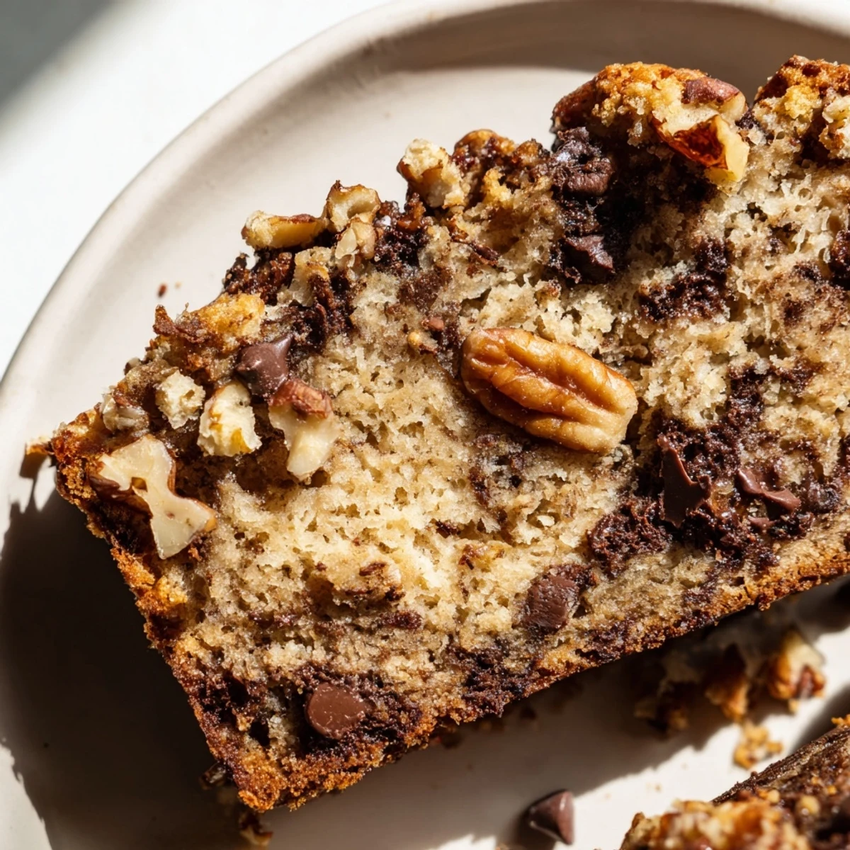 Gekühltes Stück Chocolate Chip Banana Bread mit Pecans liegt auf einem Holzbrett, mit Nüssen und Schokostückchen sichtbar auf der Oberseite.