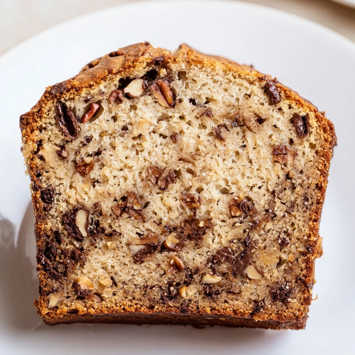 Ein frisch aufgeschnittenes Stück Chocolate Chip Banana Bread mit Pecans zeigt eine feuchte Krume und schmelzende Schokolade auf einer porzellanenen Platte.