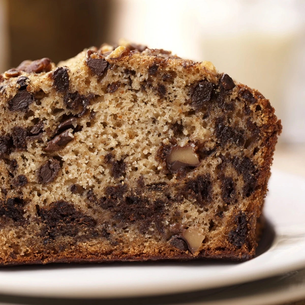 Goldbraun gebackenes Chocolate Chip Banana Bread mit Pecans auf einer Küchenoberfläche, bestreut mit einigen gehackten Pecans und Schokostücken.