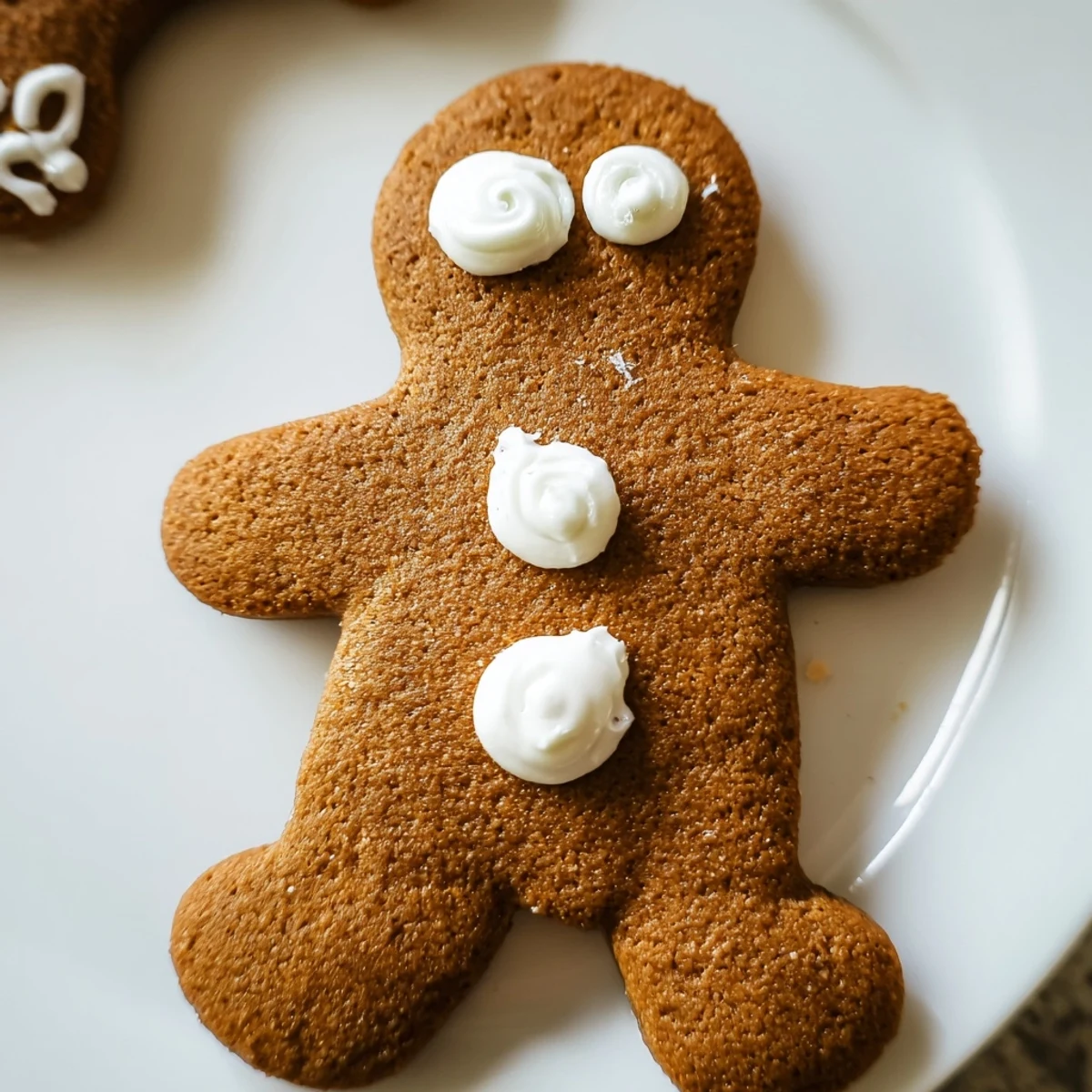 Ausgefallene Gingerbread Men Biscuits mit bunter Zuckerglasur und roten Gummibärchen-Knöpfen.