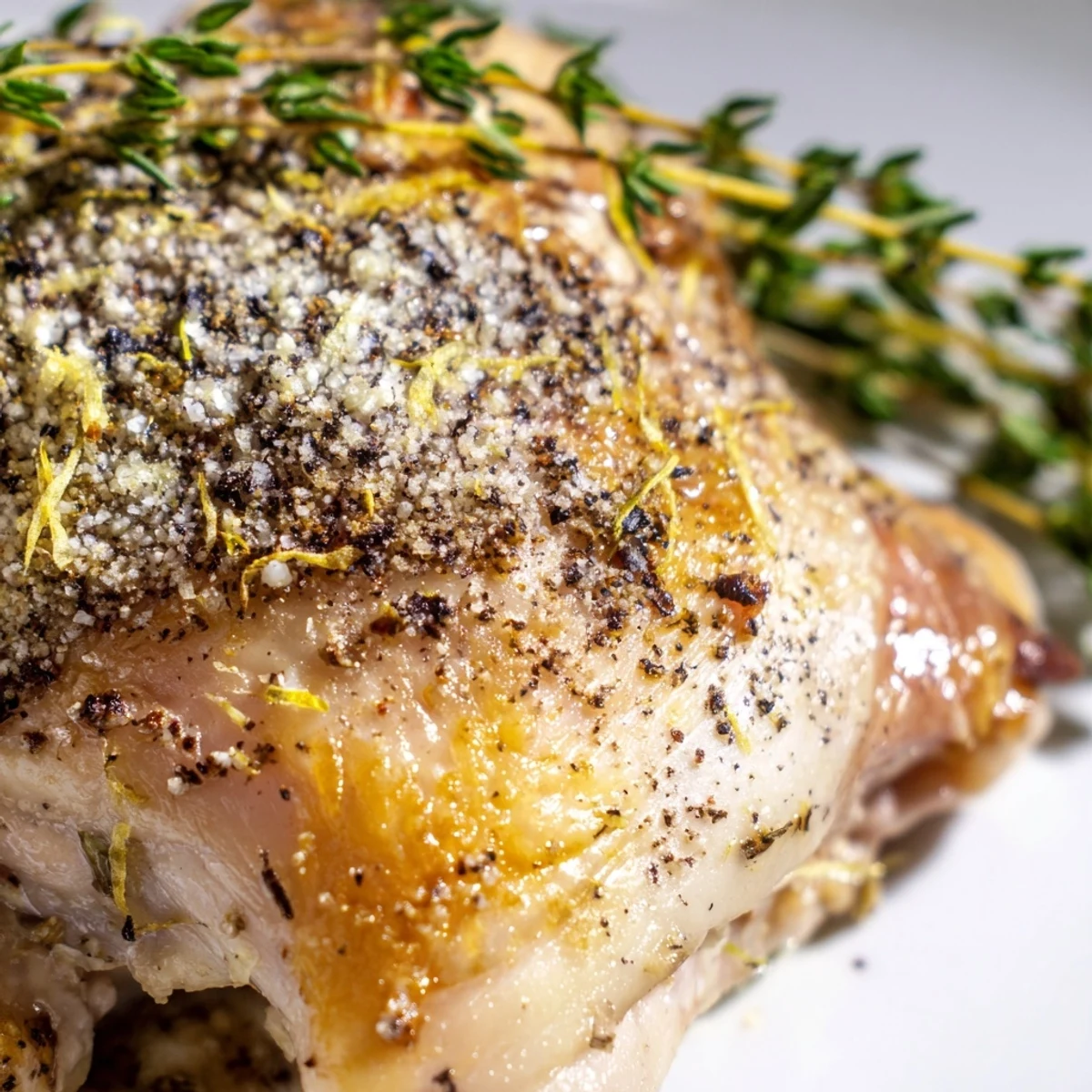 Goldene Roasted Chicken Thighs with Lemon and Thyme auf einemOfenblech mit knuspriger Haut und Zitronenspalten.