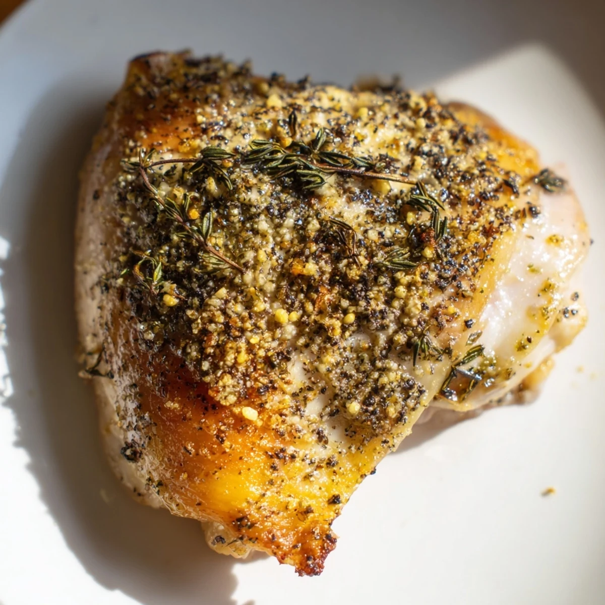 Saftige Roasted Chicken Thighs with Lemon and Thyme, garniert mit frischem Thymian und Zitronenscheiben, direkt aus dem Ofen.