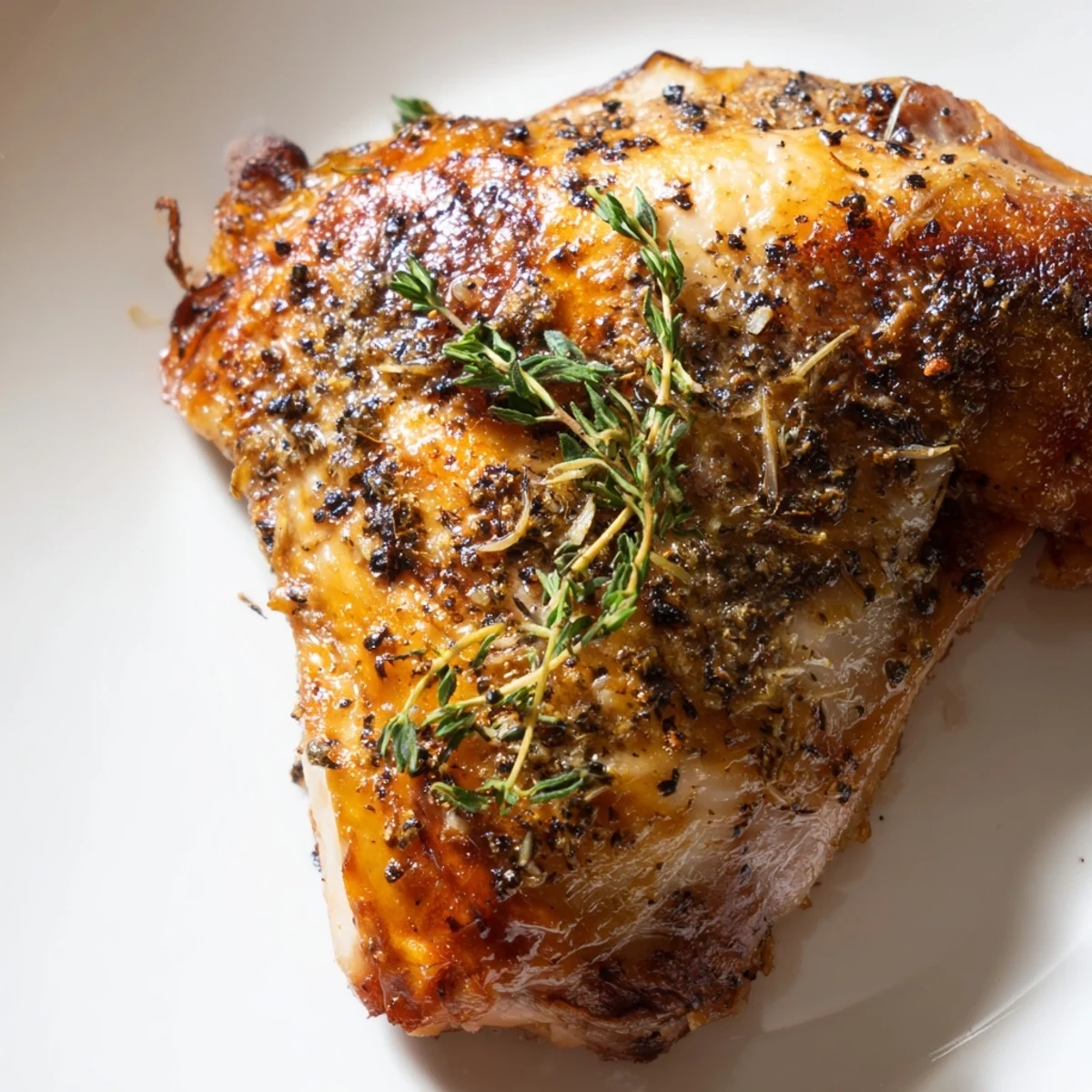 Geröstete Roasted Chicken Thighs with Lemon and Thyme, goldbraun gebacken, serviert mit frischen Kräutern und Zitronenwedeln.