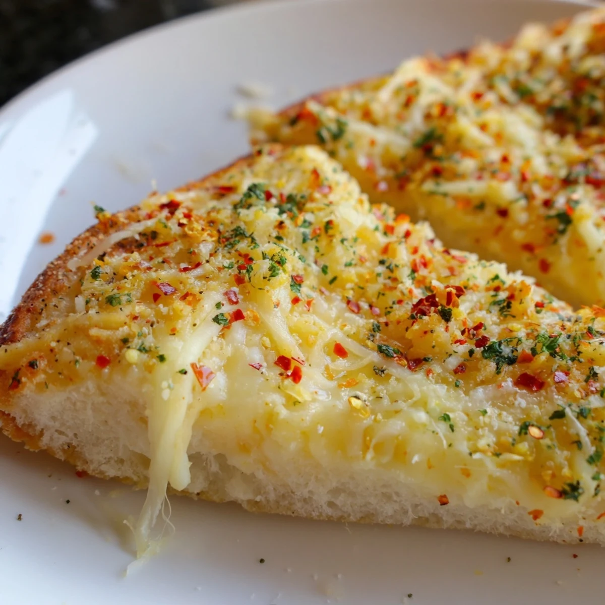 Frisch gebackene Cheesy Garlic Pizza Bread mit duftendem Knoblauchbutter-Topping und Kräutern.