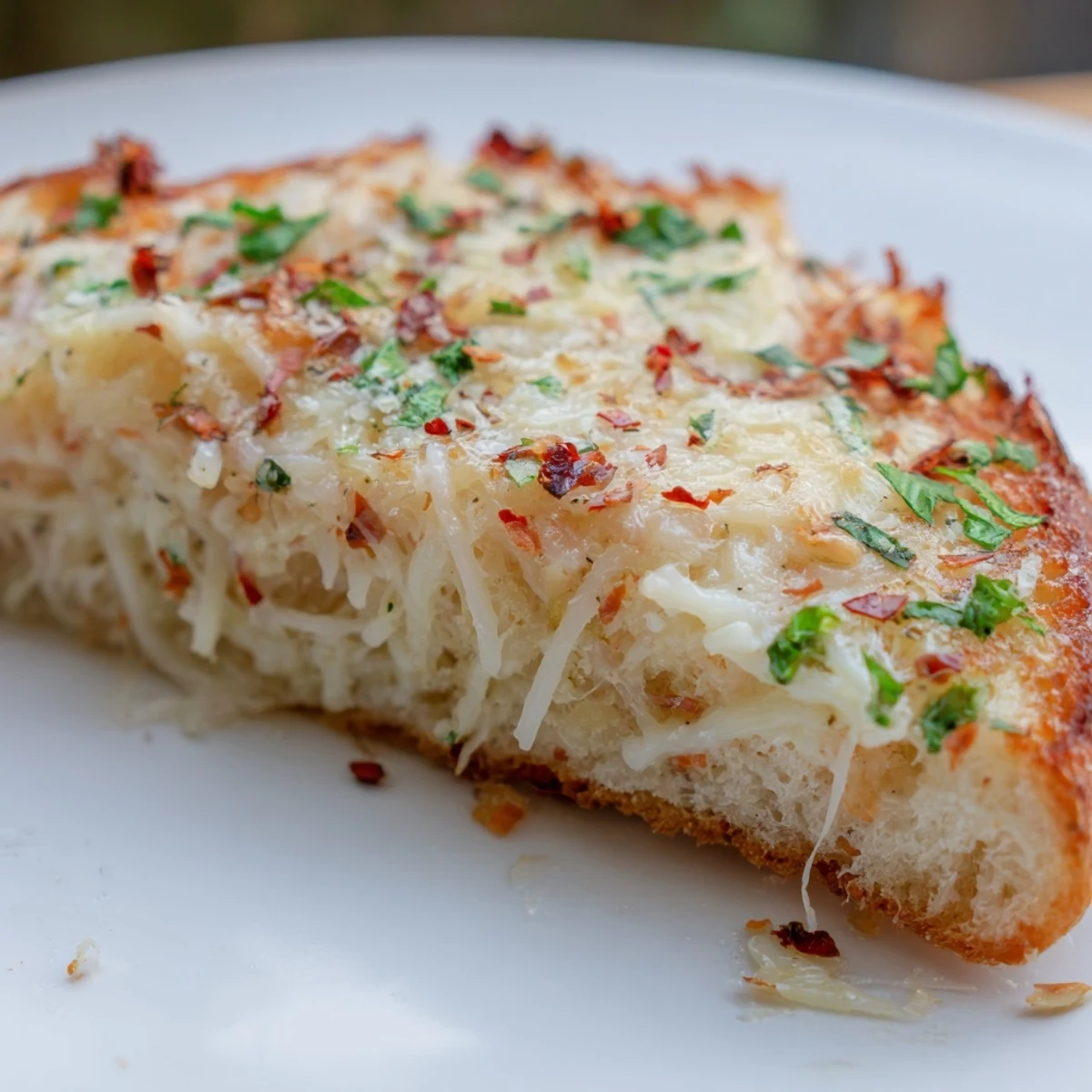 Goldene Cheesy Garlic Pizza Bread Scheiben mit knusprigem Rand und geschmolzenen Käsesorten.