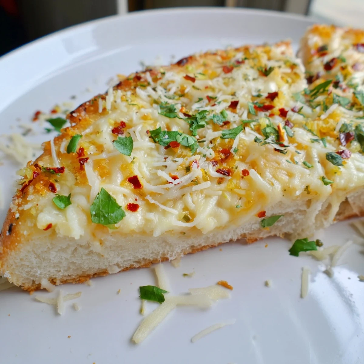 Leckere Cheesy Garlic Pizza Bread auf einem Holztisch mit Marinara-Dip zum Eintauchen.