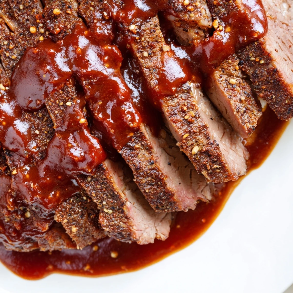Slow-cooked beef brisket with BBQ sauce, tender and glistening, sliced for a family-style American dinner.