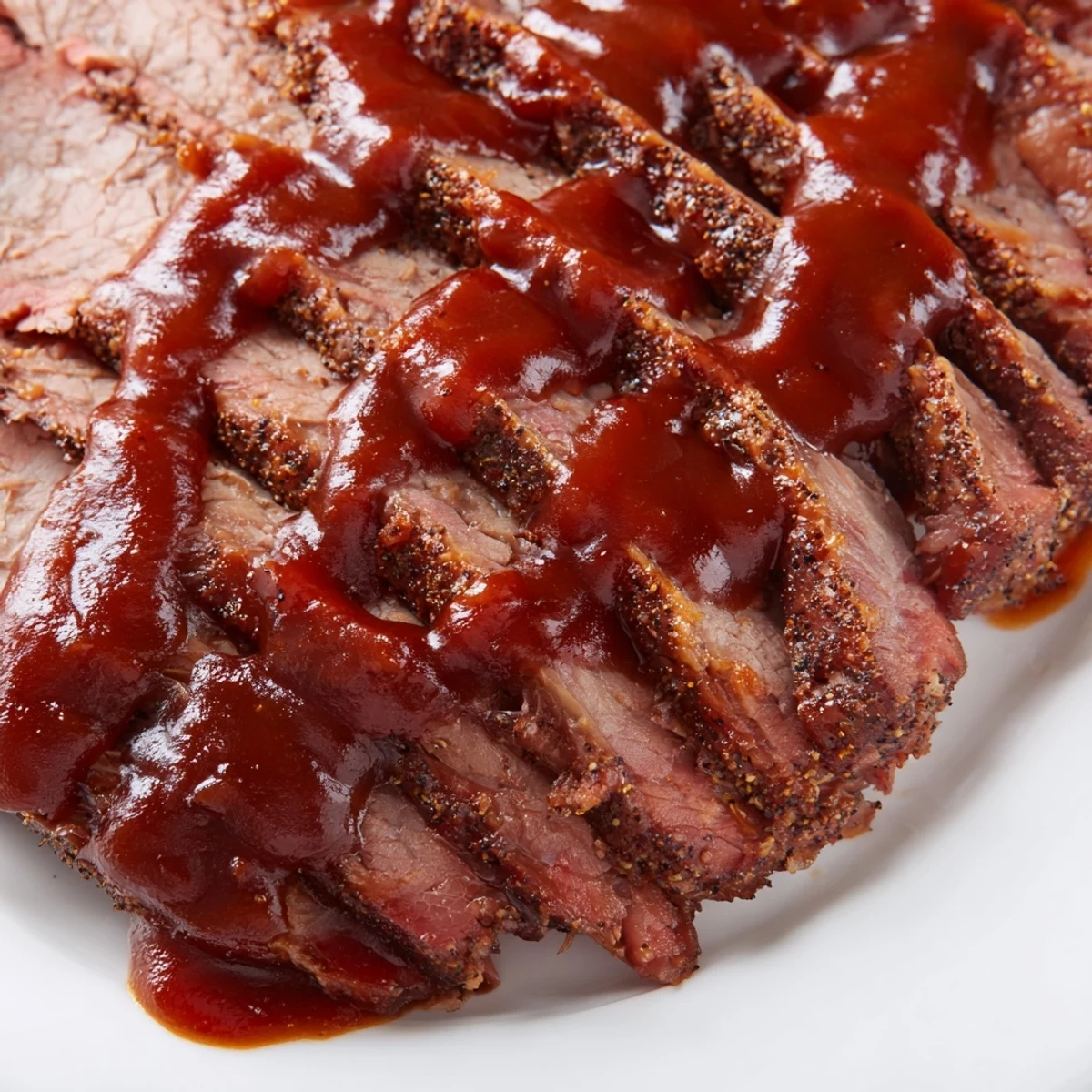 Shredded slow-cooked beef brisket with BBQ sauce on a platter, finished with fresh parsley.