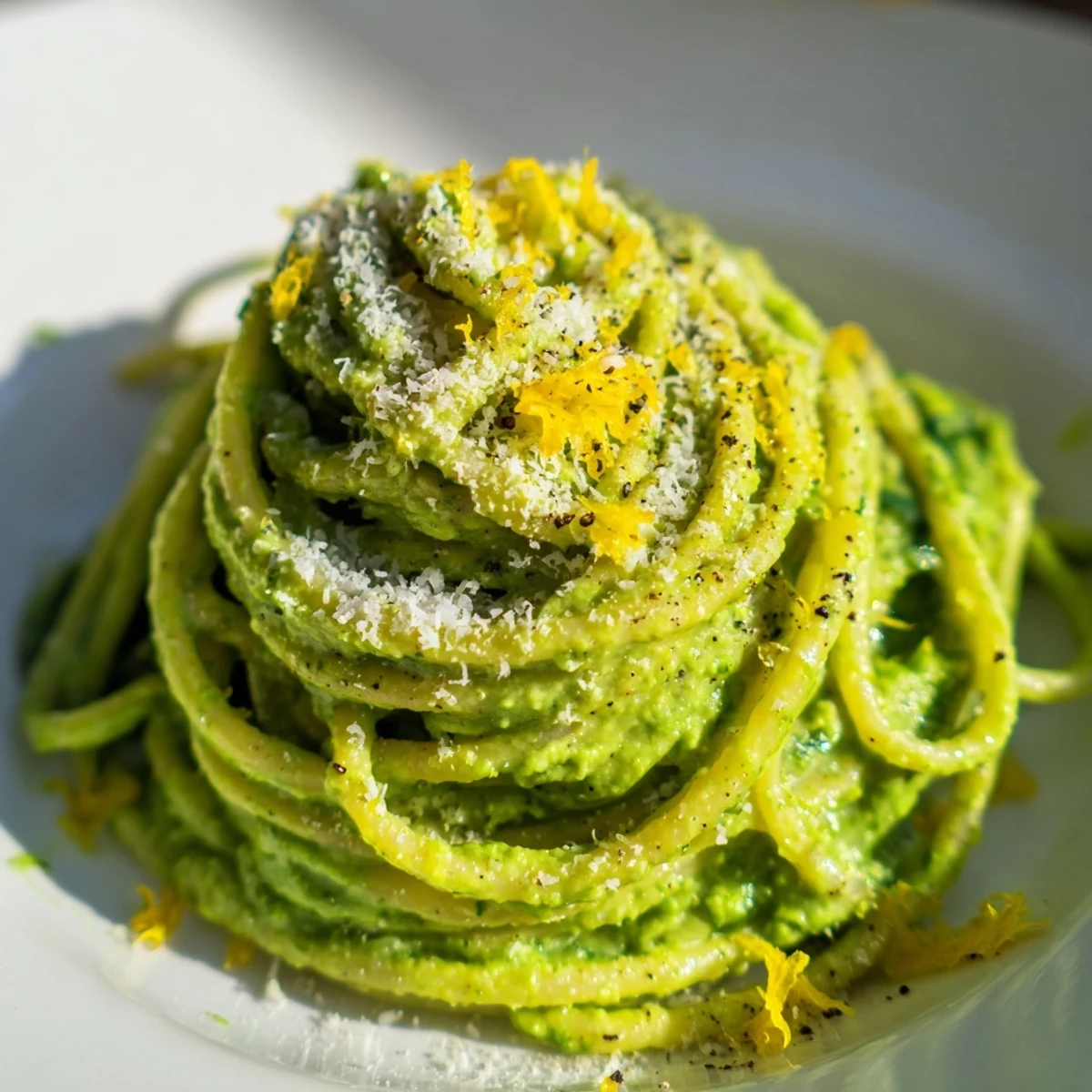 Creamy Avocado and Spinach Spaghetti twirled on a fork with vibrant green sauce and Parmesan.