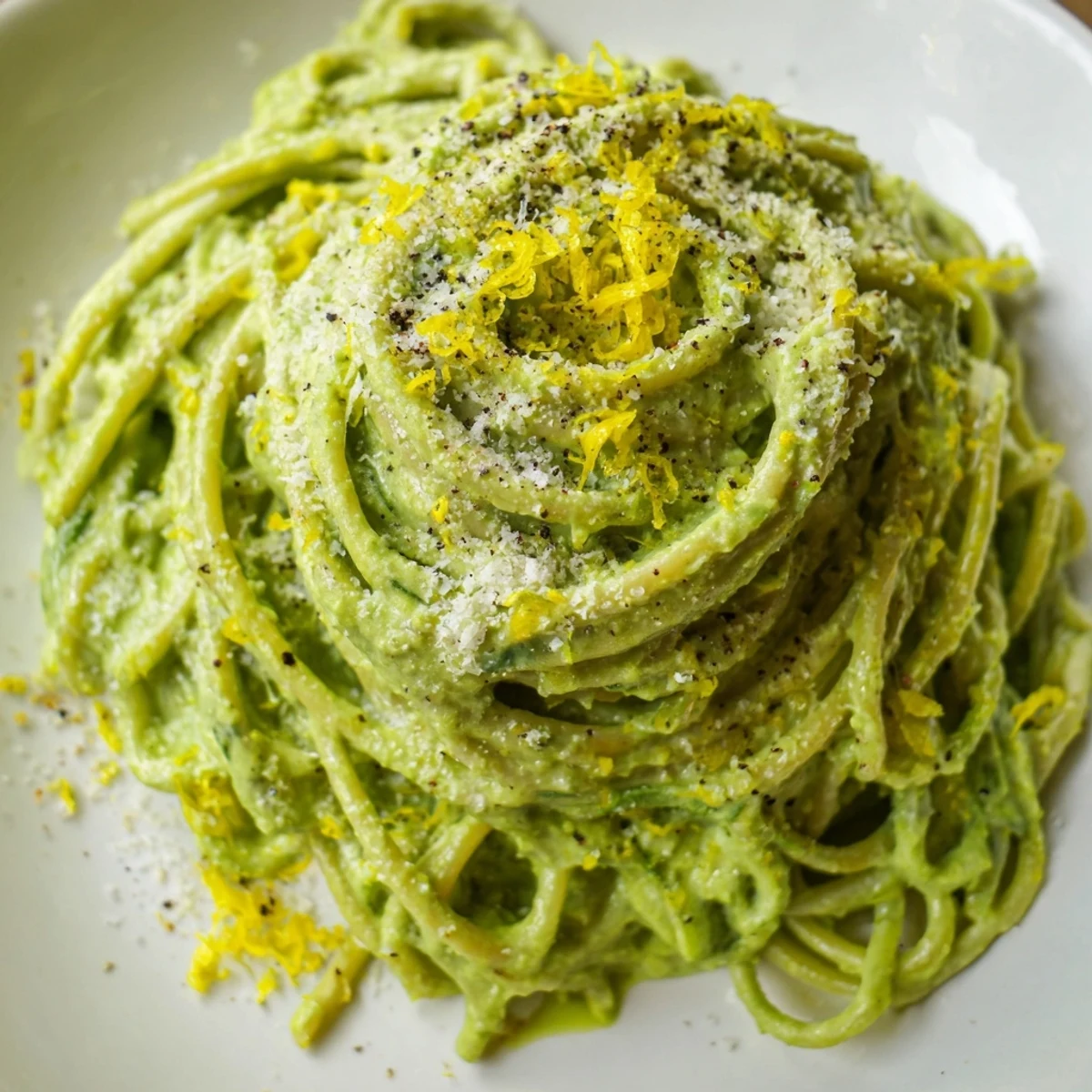 A warm bowl of Creamy Avocado and Spinach Spaghetti topped with lemon zest and pepper.