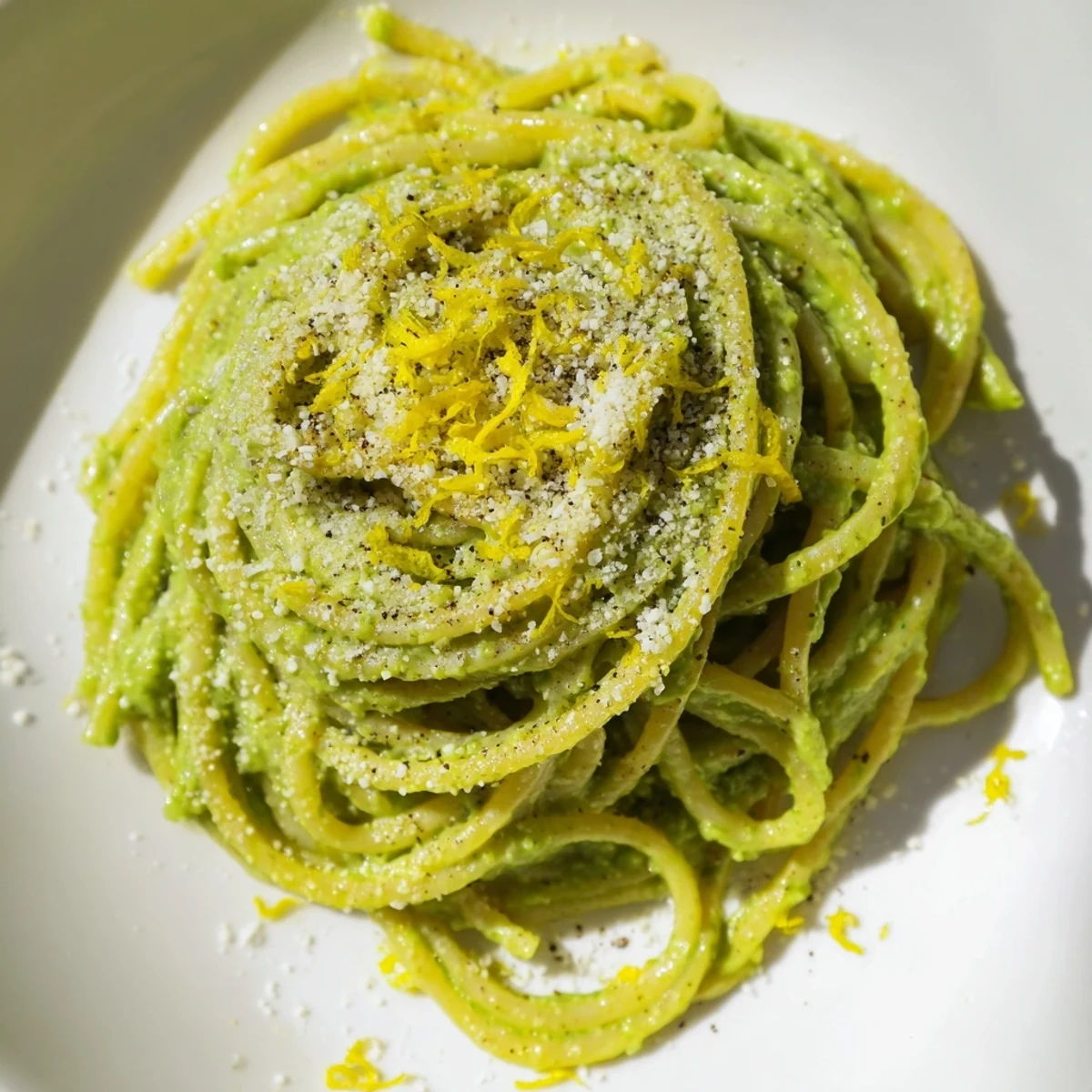 Freshly blended Creamy Avocado and Spinach Spaghetti served with extra Parmesan and basil garnish.