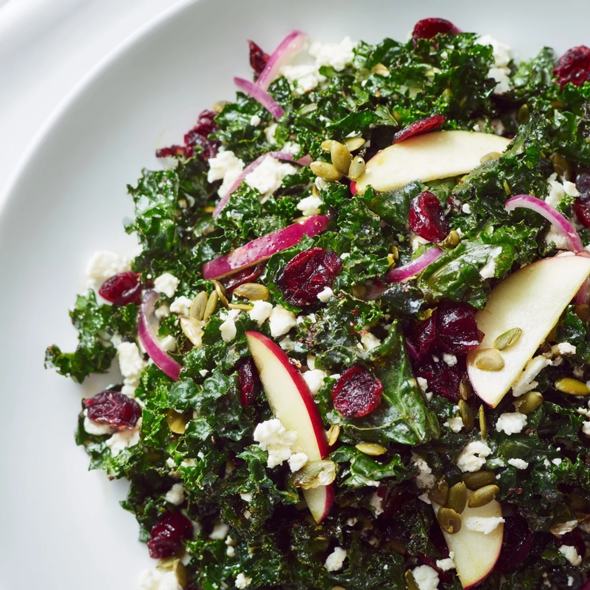 Healthy Winter Kale Salad with Cranberries and Seeds drizzled with citrus dressing, paired with grilled chicken.