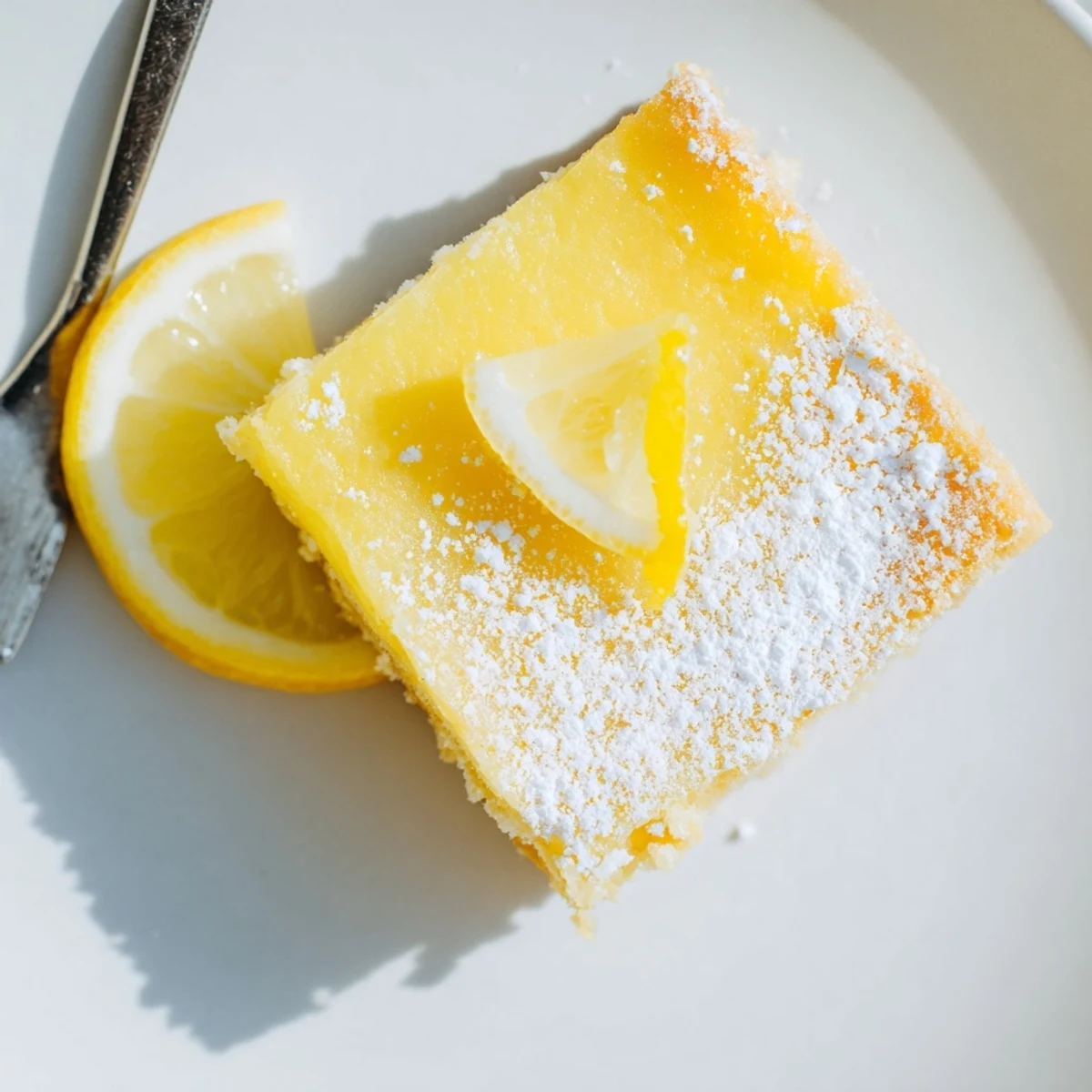Zitronen-Scheibe mit Tee: goldbrauner Shortbread-Krustenrand, cremig gelbgefüllt mit Zitronenzesten und Staubzucker, serviert auf holzerner Fläche.