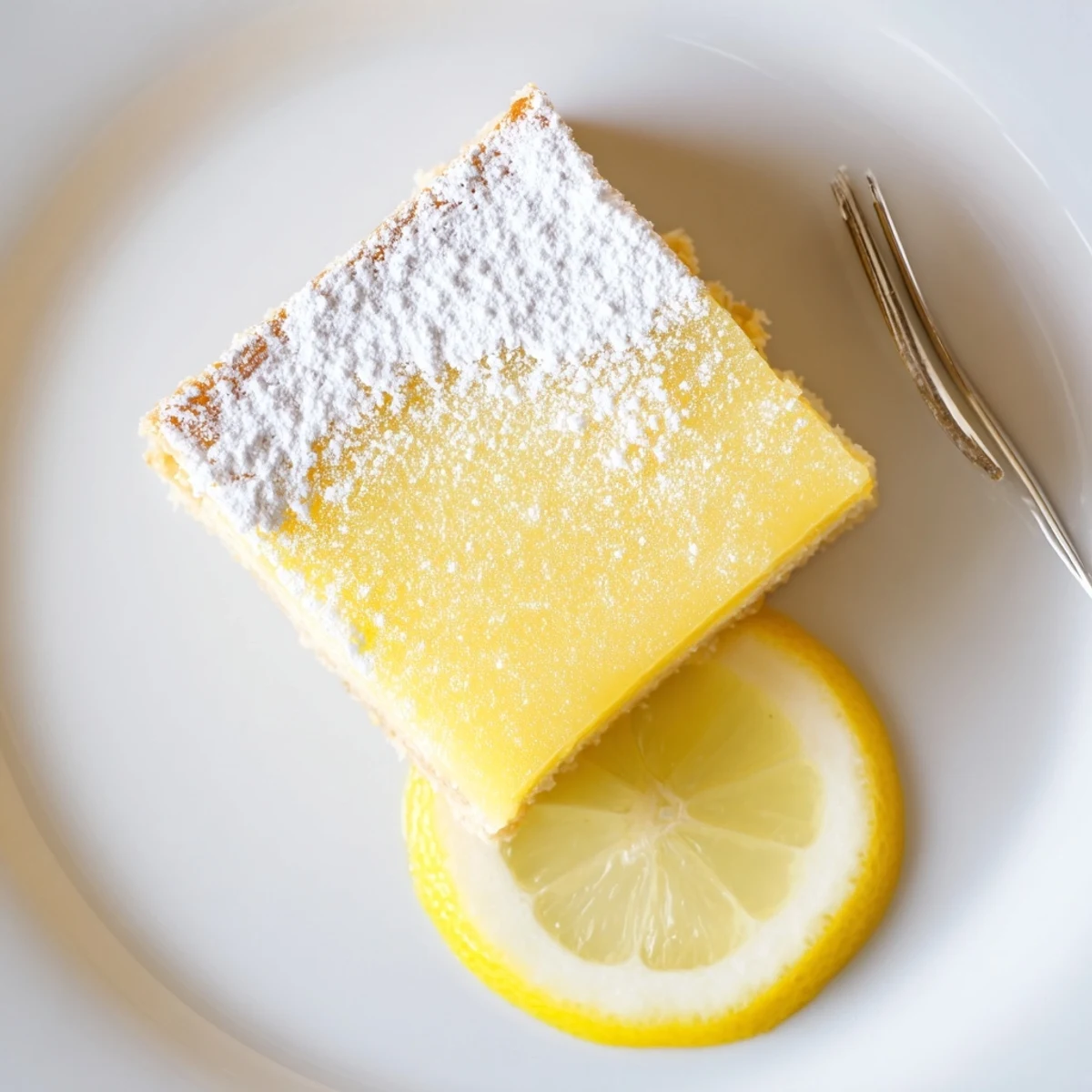 Zitronen-Scheibe mit Tee: goldene backfrische Zitronen-Scheibe mit Tee auf blau-weißer Keramikplatte, bestäubt mit Puderzucker und begleitet von schwarzer TeeTasse.
