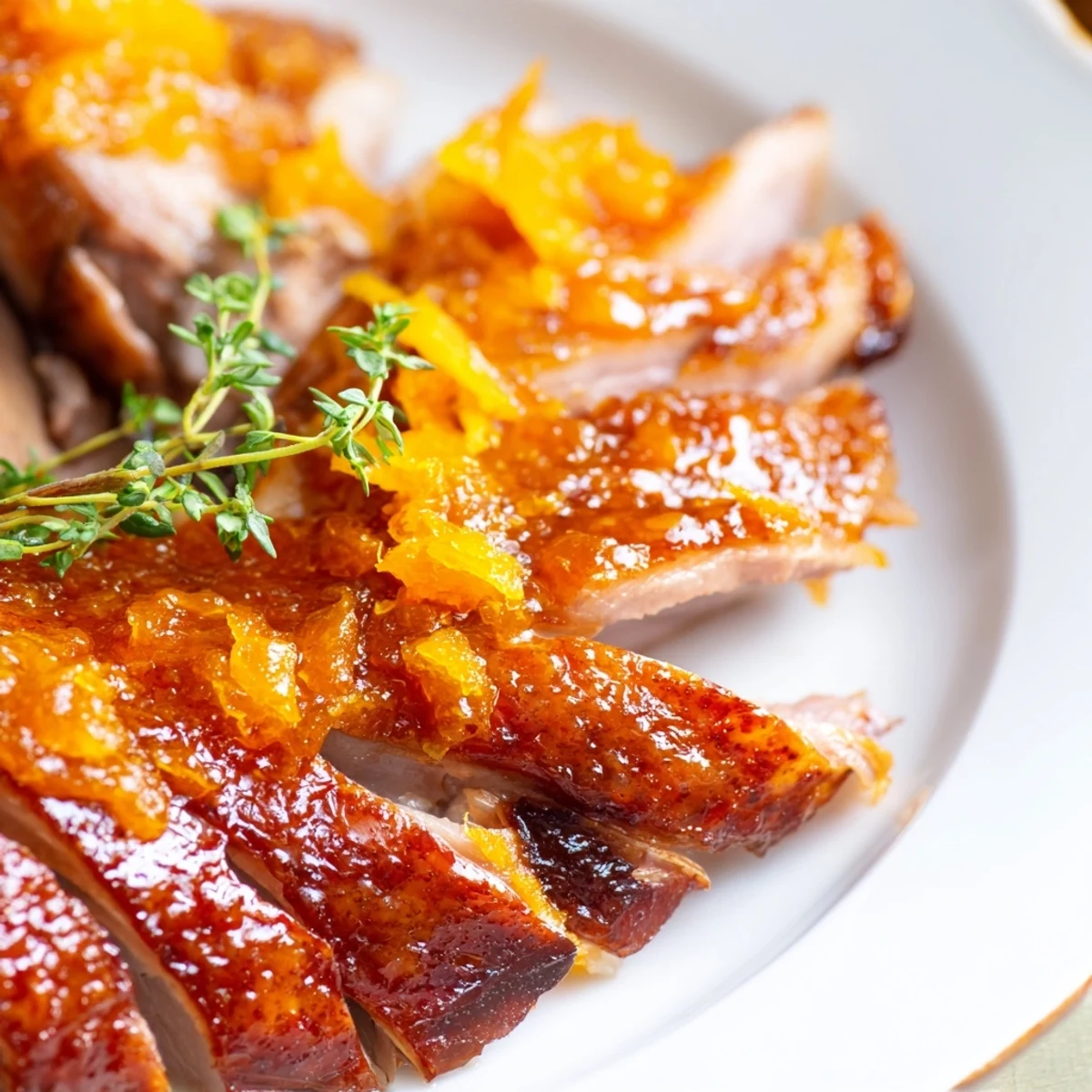 Golden-brown roasted duck with orange sauce on a rustic platter, garnished with thyme.