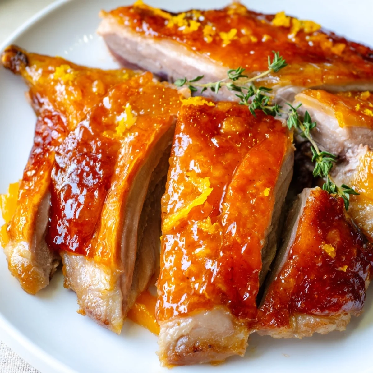 Slow-roasted duck breast served with vibrant citrus glaze and fresh orange slices.