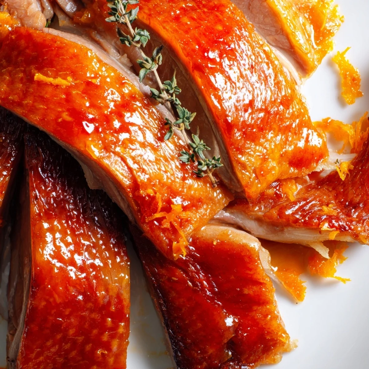 Crispy roasted duck with orange sauce, ideal for elegant French-inspired dinner parties.