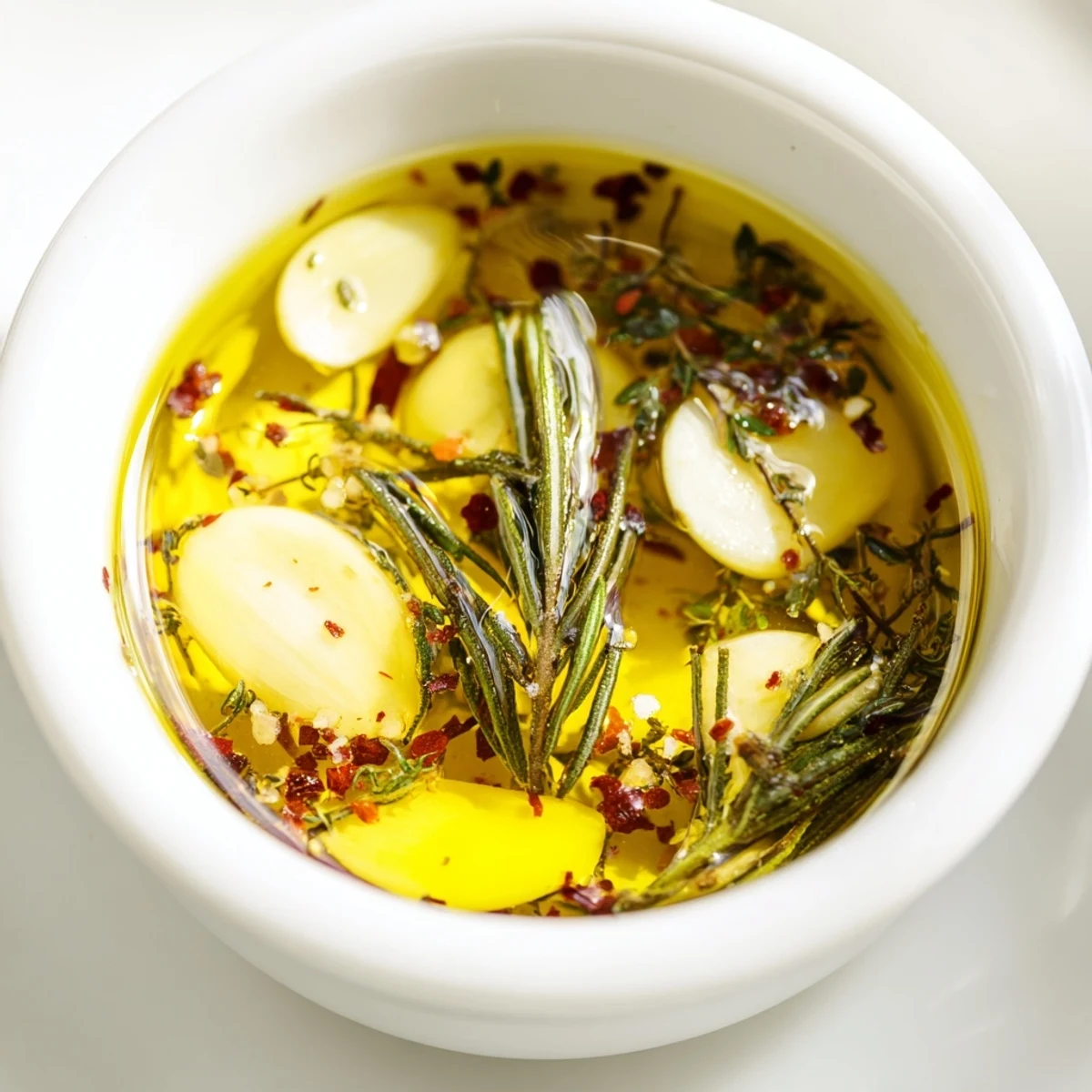 Fragrant Garlic Oil with Herbs drizzled over a warm bread slice and a vibrant Mediterranean salad platter.