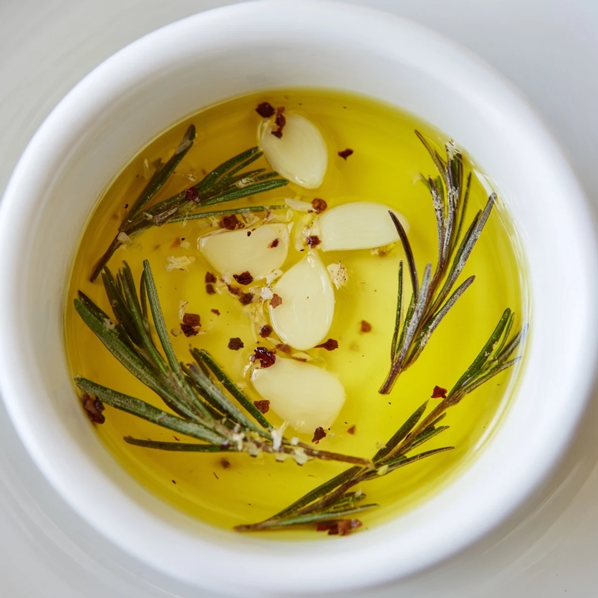 Homemade Garlic Oil with Herbs with crushed red pepper flakes and lemon zest in a rustic jar.