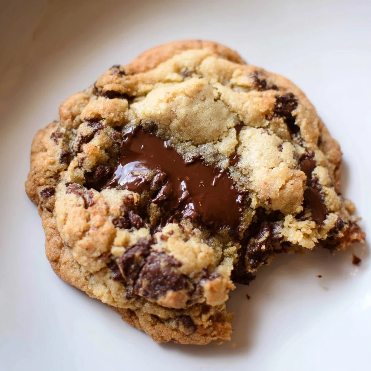 Frisch gebackene Chocolate Chip Cookies mit goldbraunen Kanten und schmelzenden Schokostücken, auf einem Holztisch serviert.