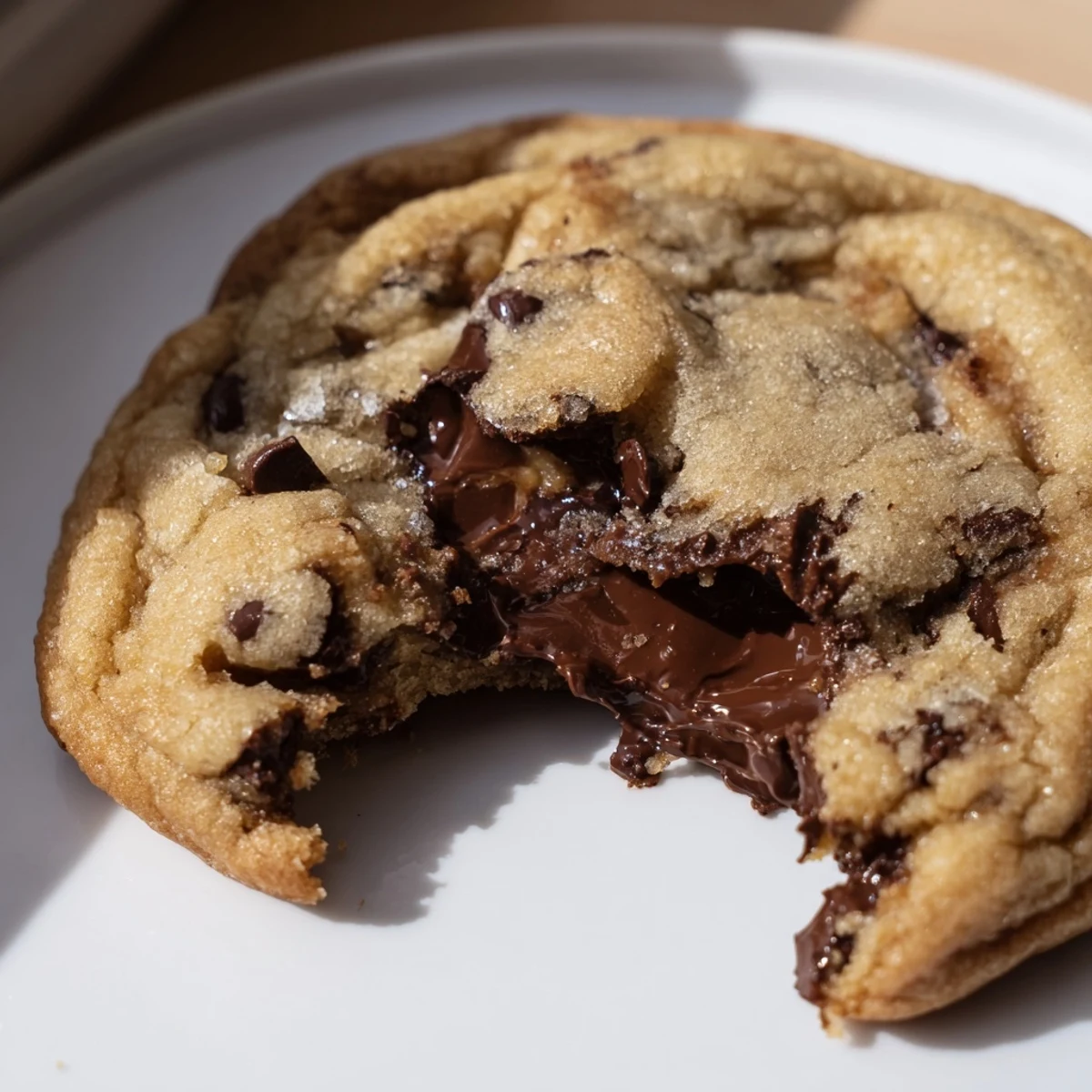 Goldbraune Chocolate Chip Cookies mit Gooey-Mitte und Semisweet-Chips, serviert mit einem Glas kalter Milch.