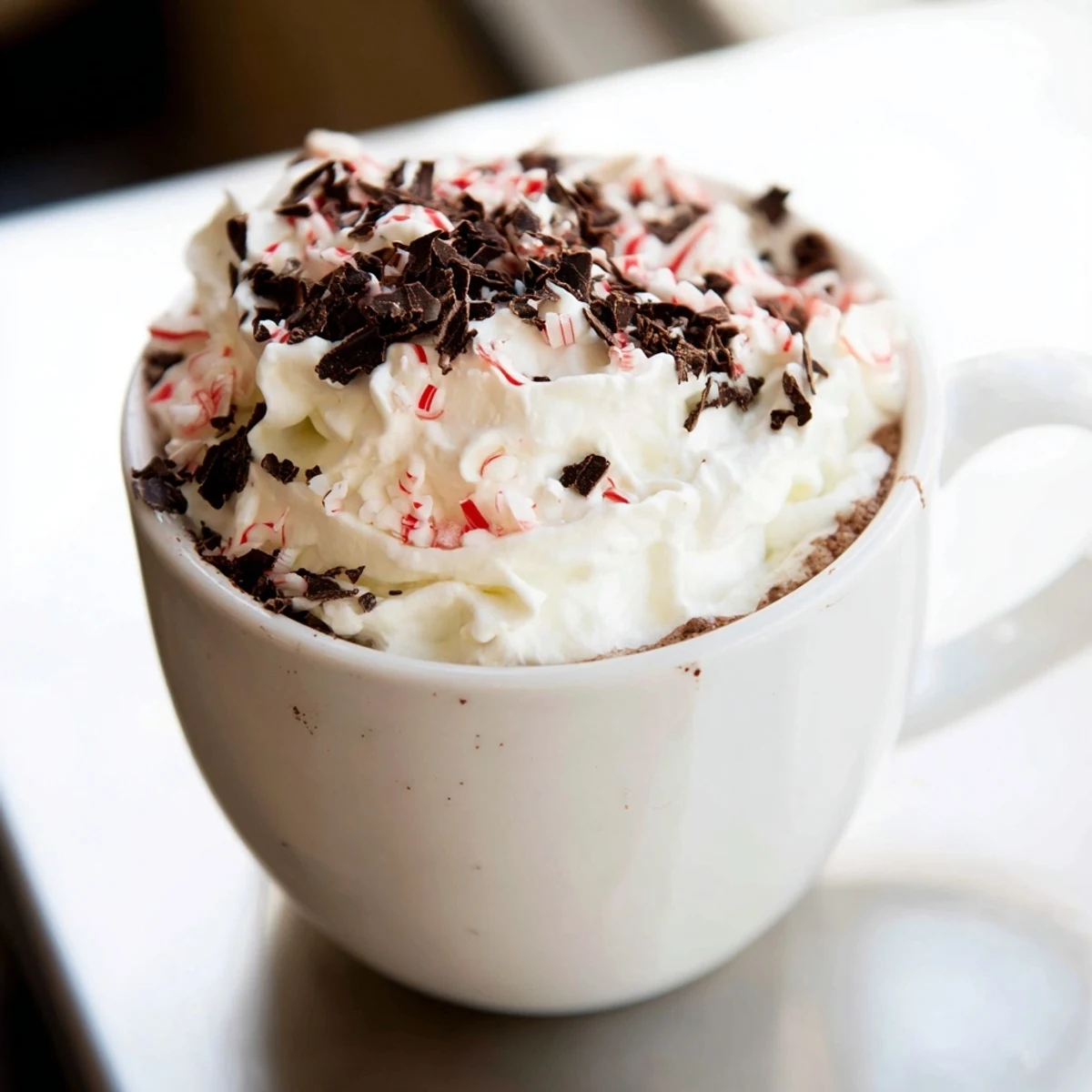 Dampfender Peppermint Mocha mit Kaffee, Kaffeesahne und Schokoladenspänen, auf einem winterlichen Tisch serviert.