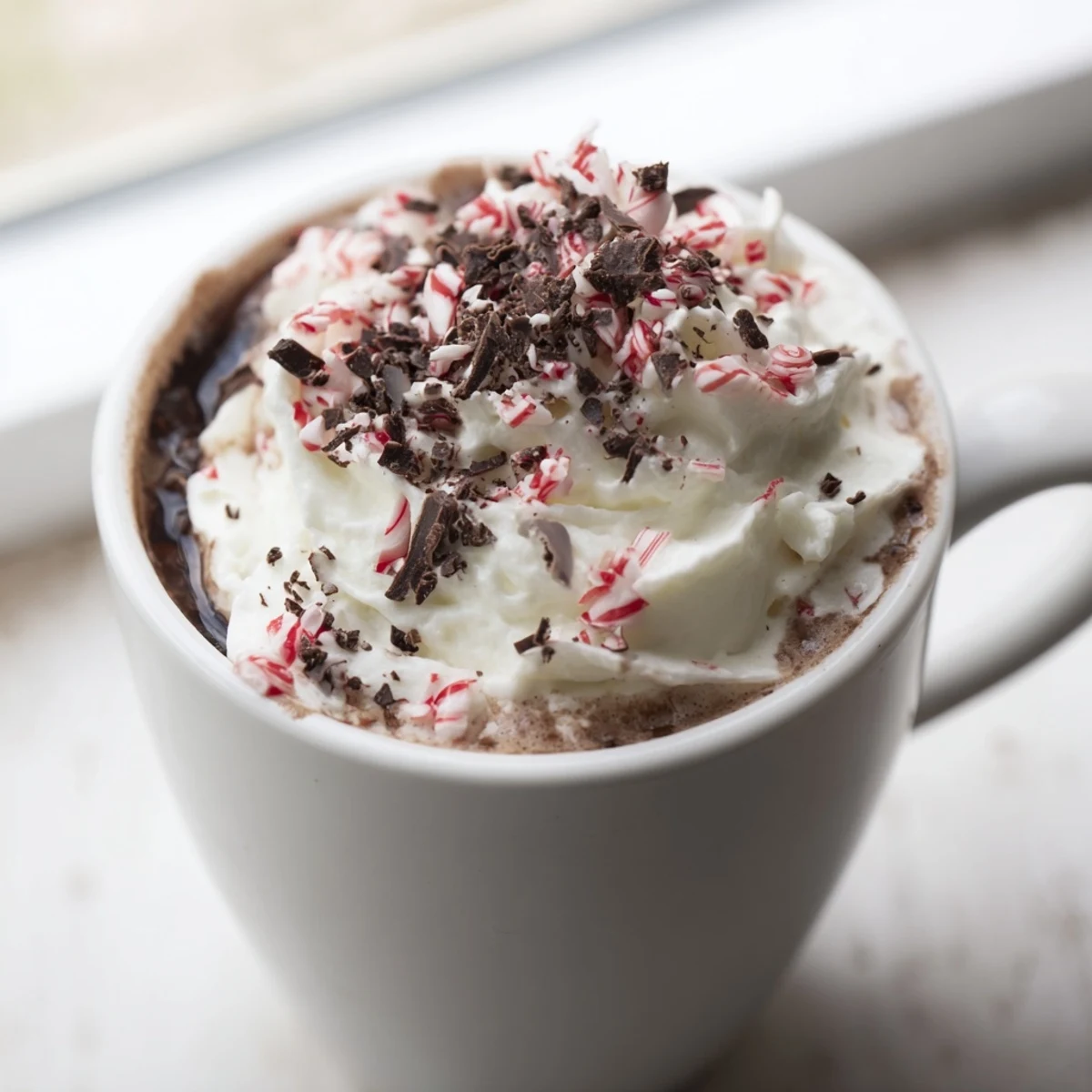 Frisch gebrühter Peppermint Mocha mit Kaffee, plus Minz-Karamell-Sirup und Schokoraspeln für den Feiertagskick.