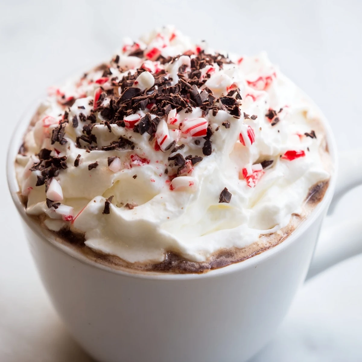 Geschmolzene Schokolade und peppminziger Kaffee im Becher, bereit zum Verkostung an kalten Tagen.